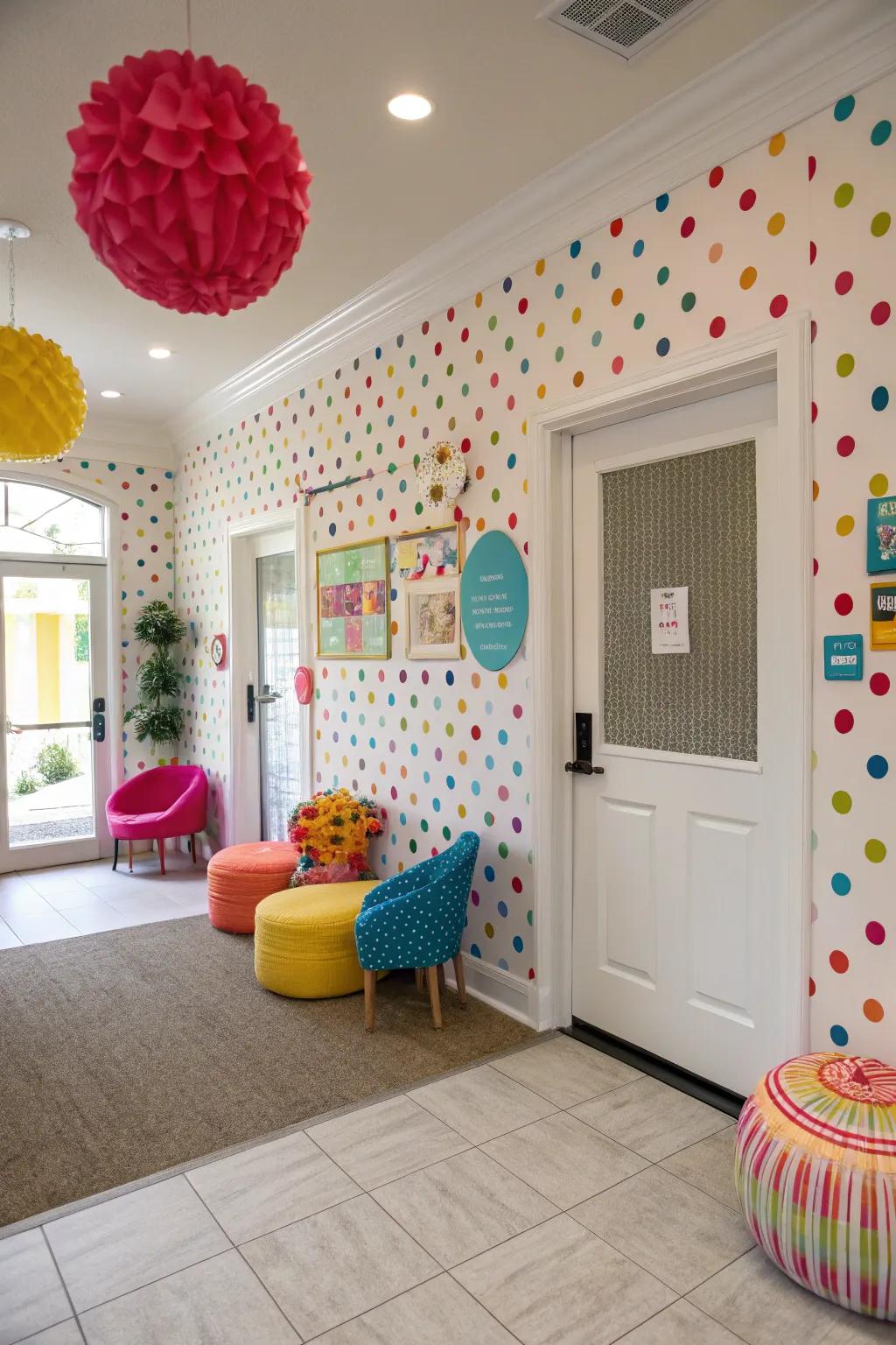 A cheerful entryway showcased playful polka dot wallpaper for a whimsical touch.