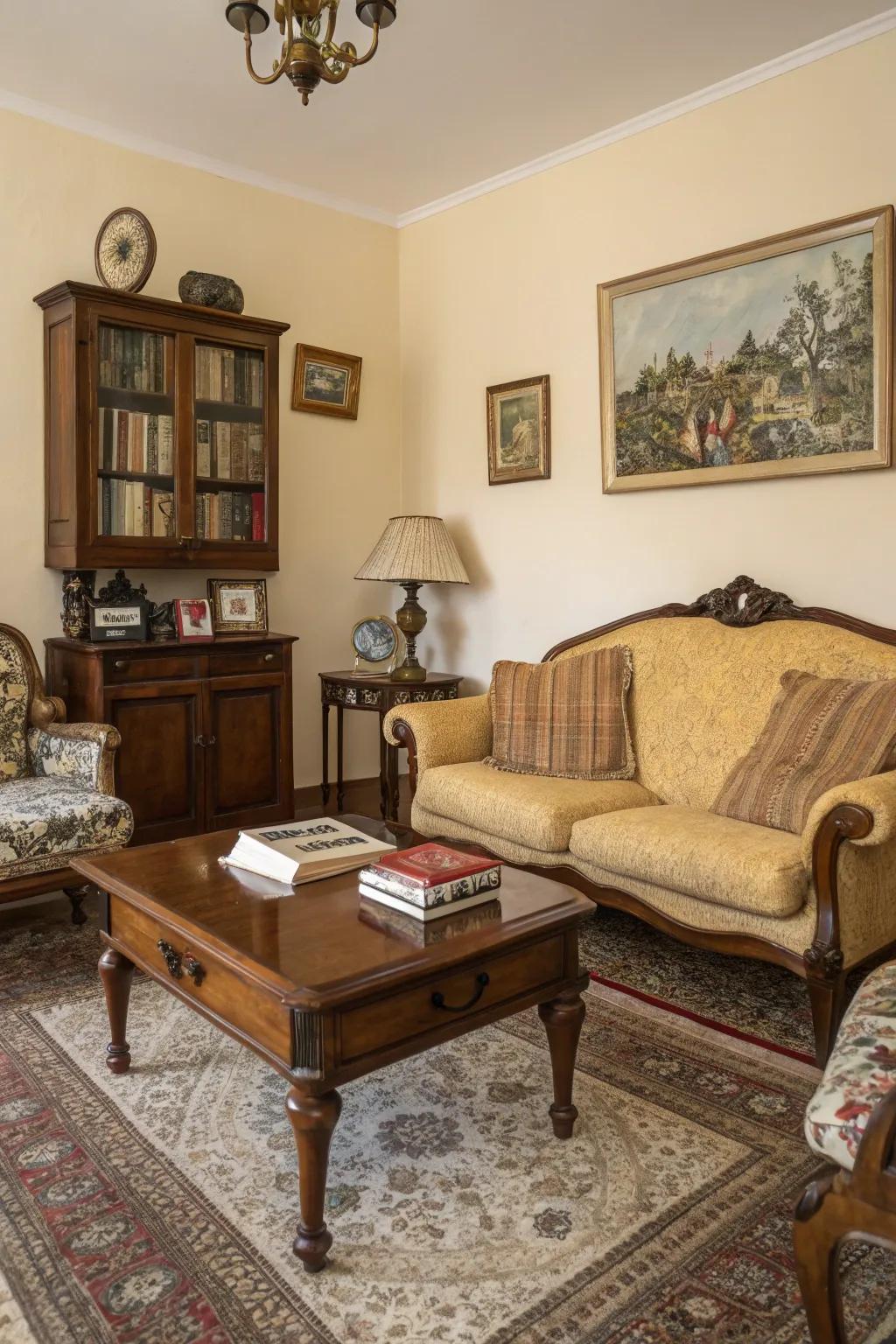 Vintage elements contribute a distinctive narrative to this European-style living space.