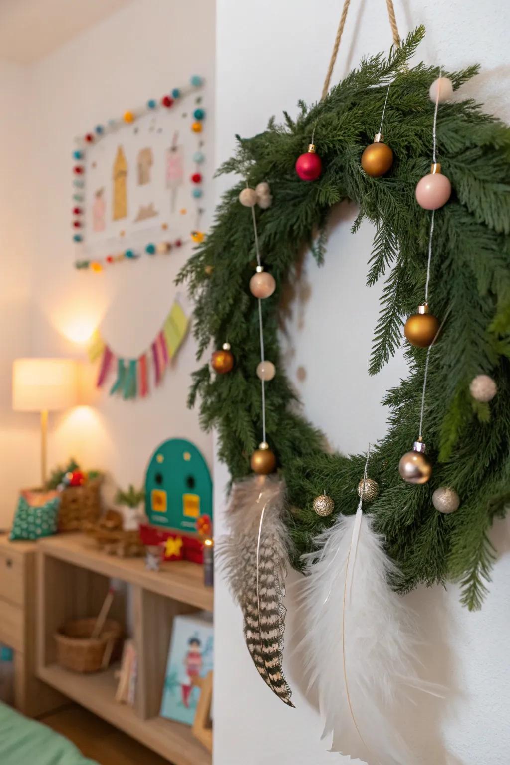 A whimsical swag featuring plumes and ornaments in a child's room.