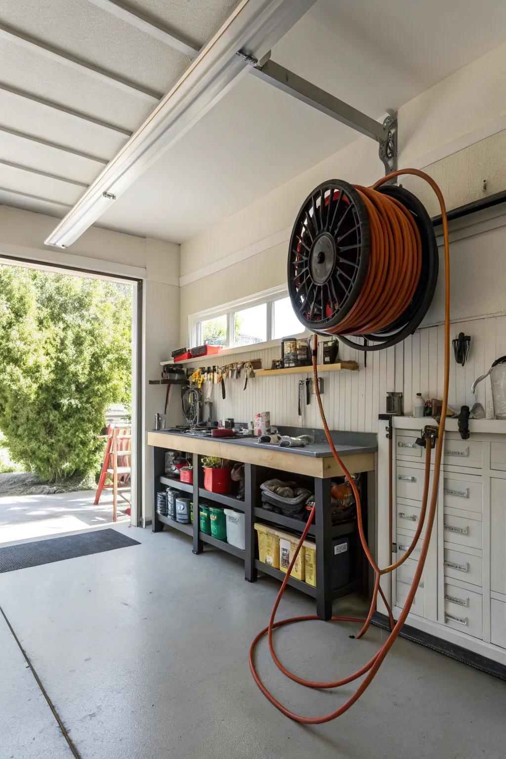 Ceiling-mounted reels provide a tidy and accessible storage solution.