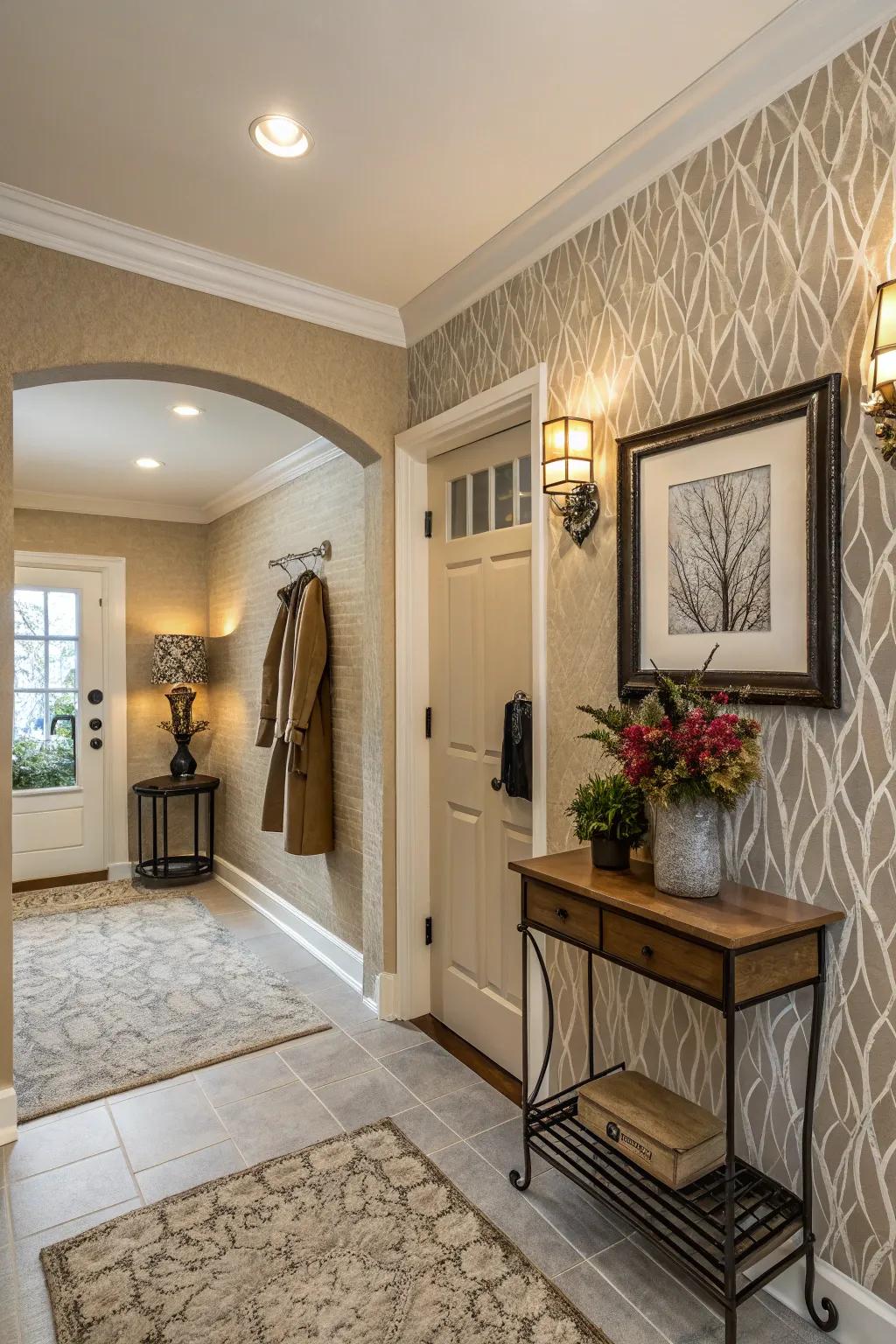 Fabric wallpaper in neutral textures offers subtle beauty.