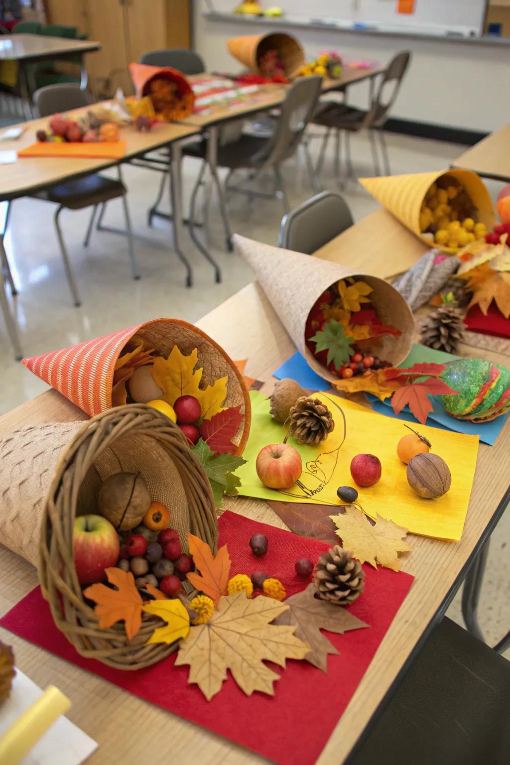 Students' artistic horns of plenty on display.