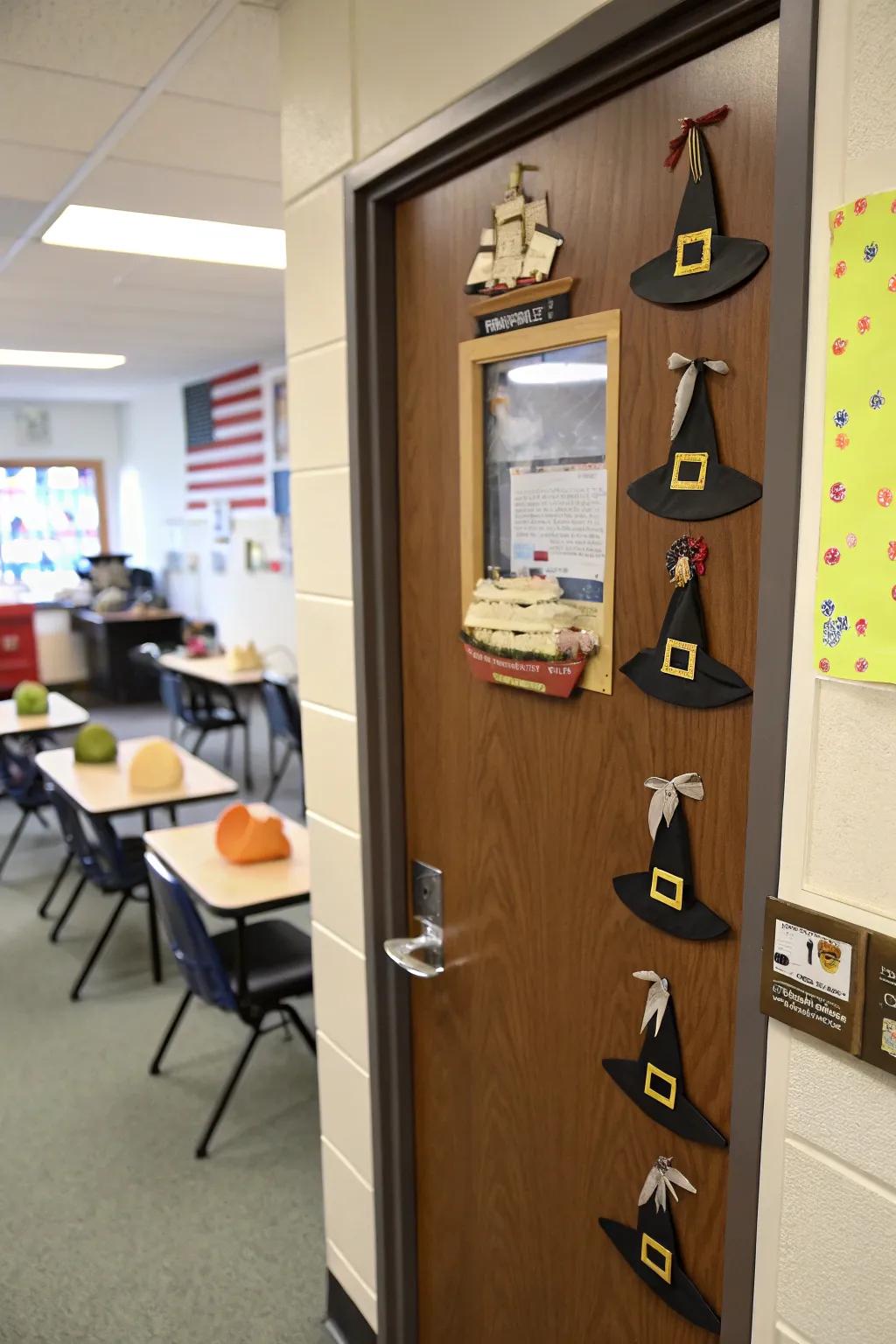 Pilgrim-themed entrance decor with historical elements.