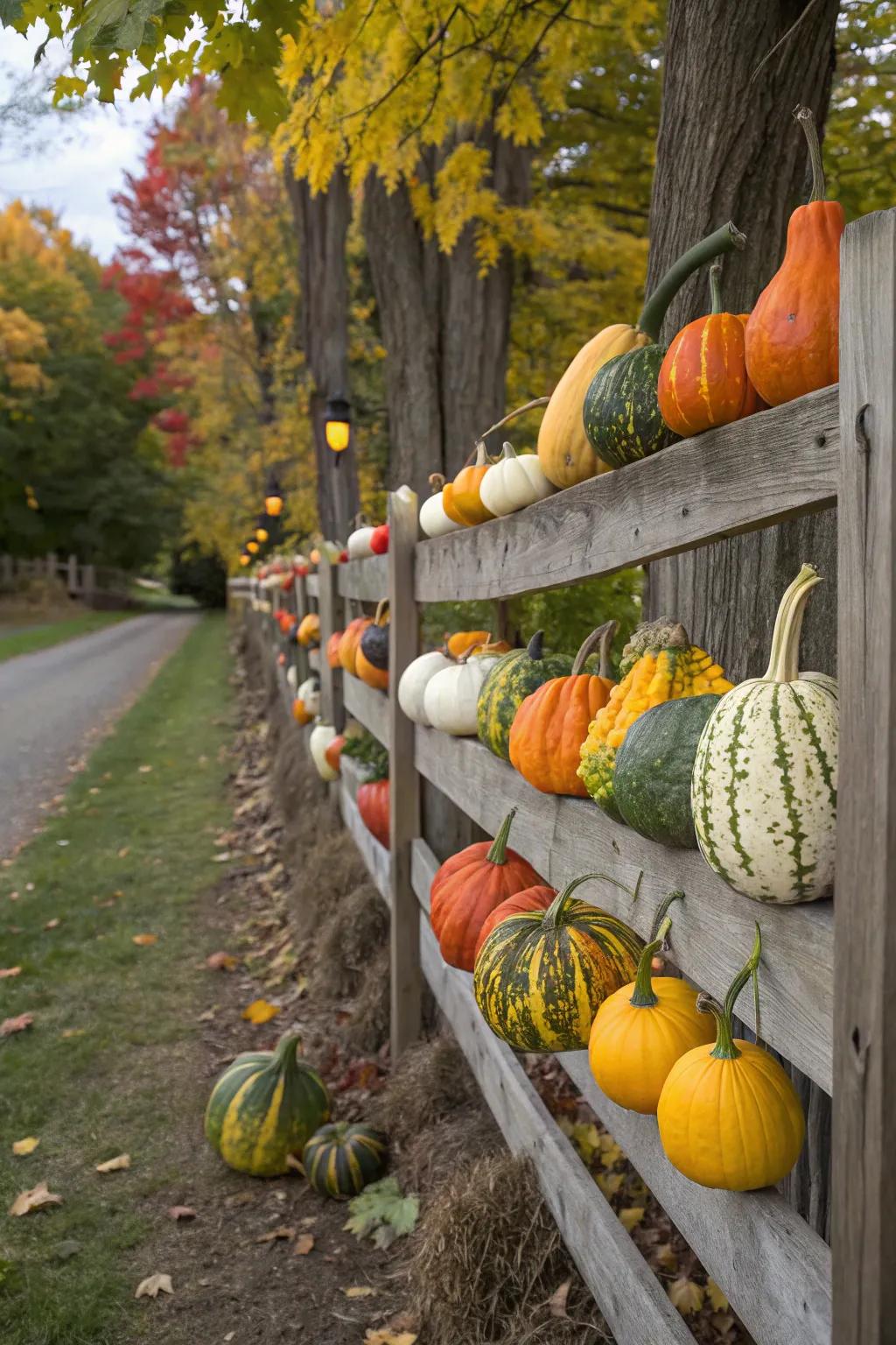 An assortment of calabashes fashion a vibrant display adjacent to the fence.