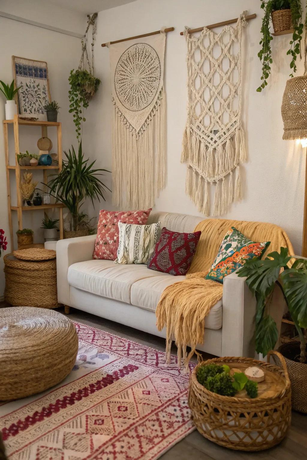 Boho-inspired pillows contribute an artistic touch to your home.