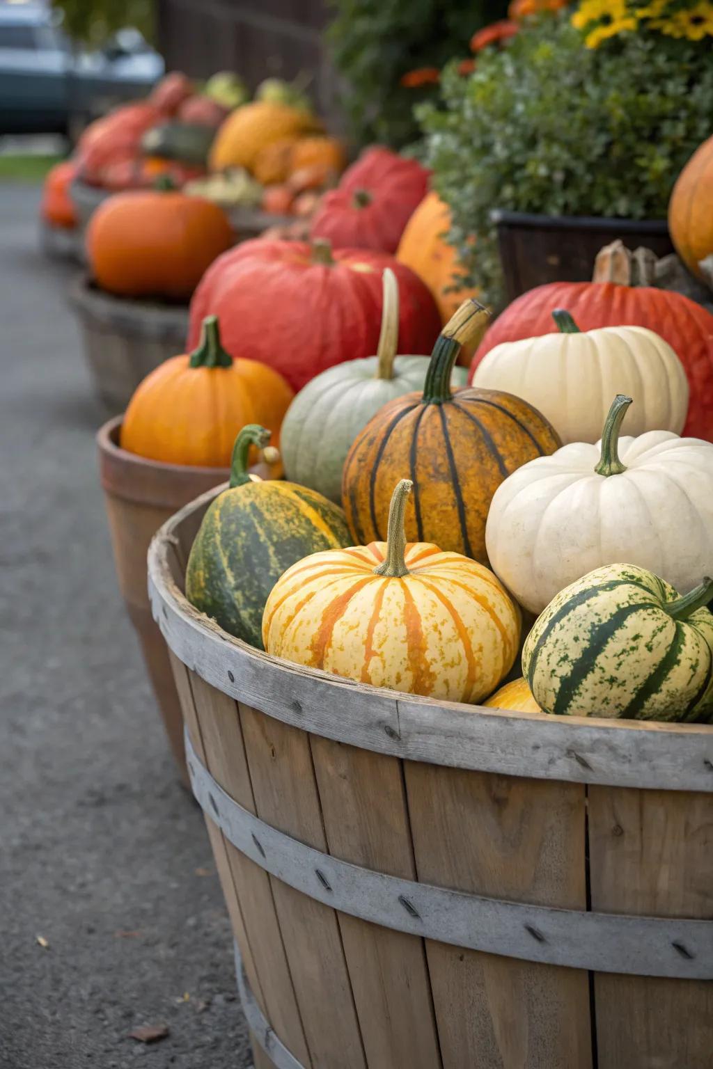Heritage gourds create a unique and eclectic autumn display.