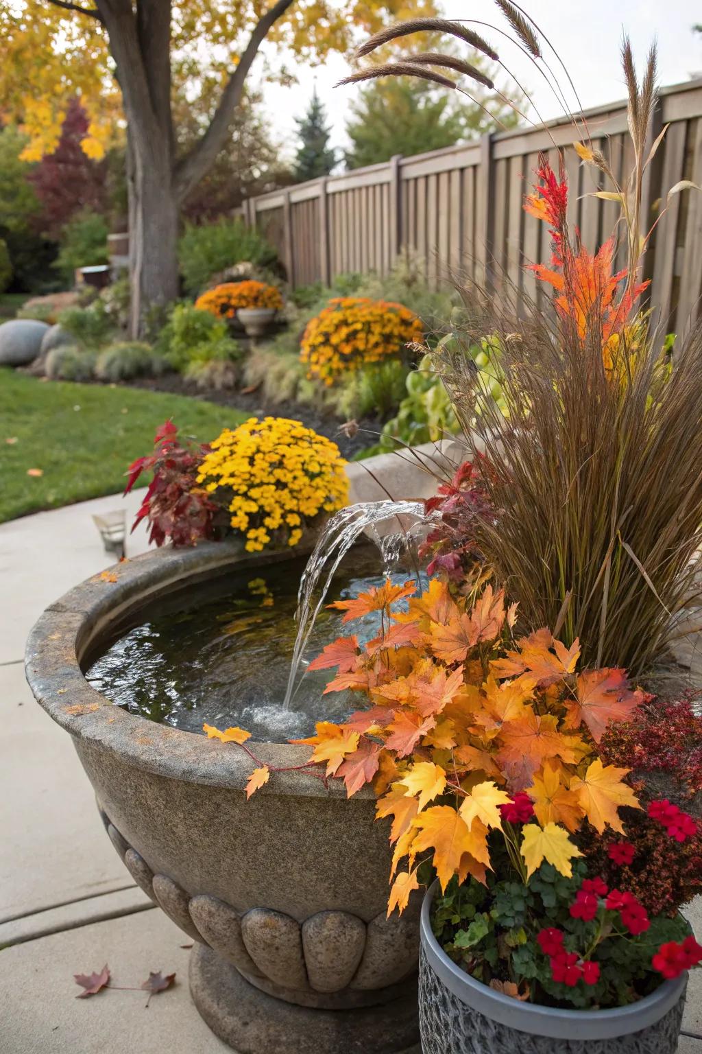 Water features contribute soothing sounds to fall containers.