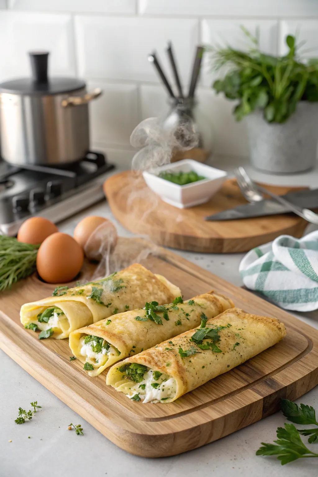 Savory egg wraps are a lovely complement to any brunch spread.