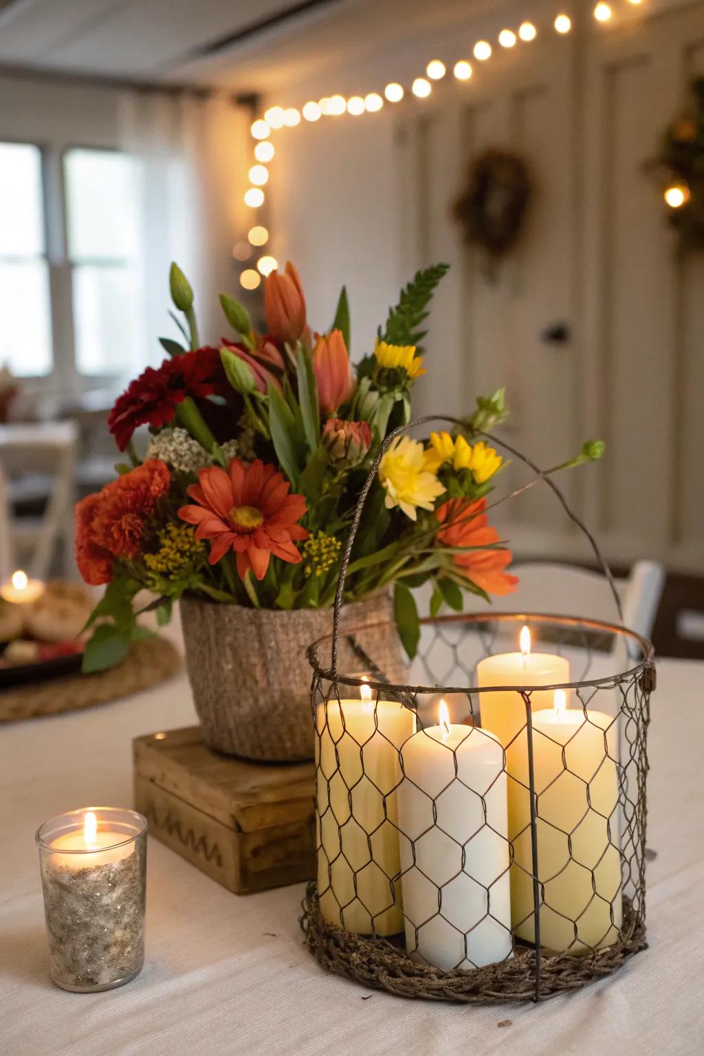 Poultry netting injects rustic texture to hold floral arrangements and illuminations.