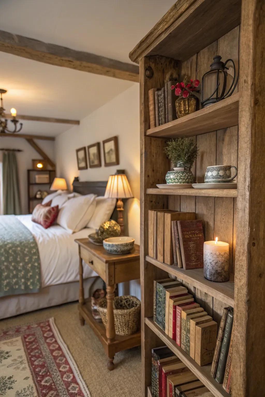 Rustic shelves display personal items.