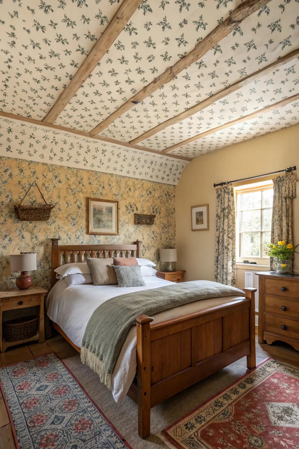 Wallpapered ceilings unveil distinctive patterns and hues in this farmhouse bedroom.