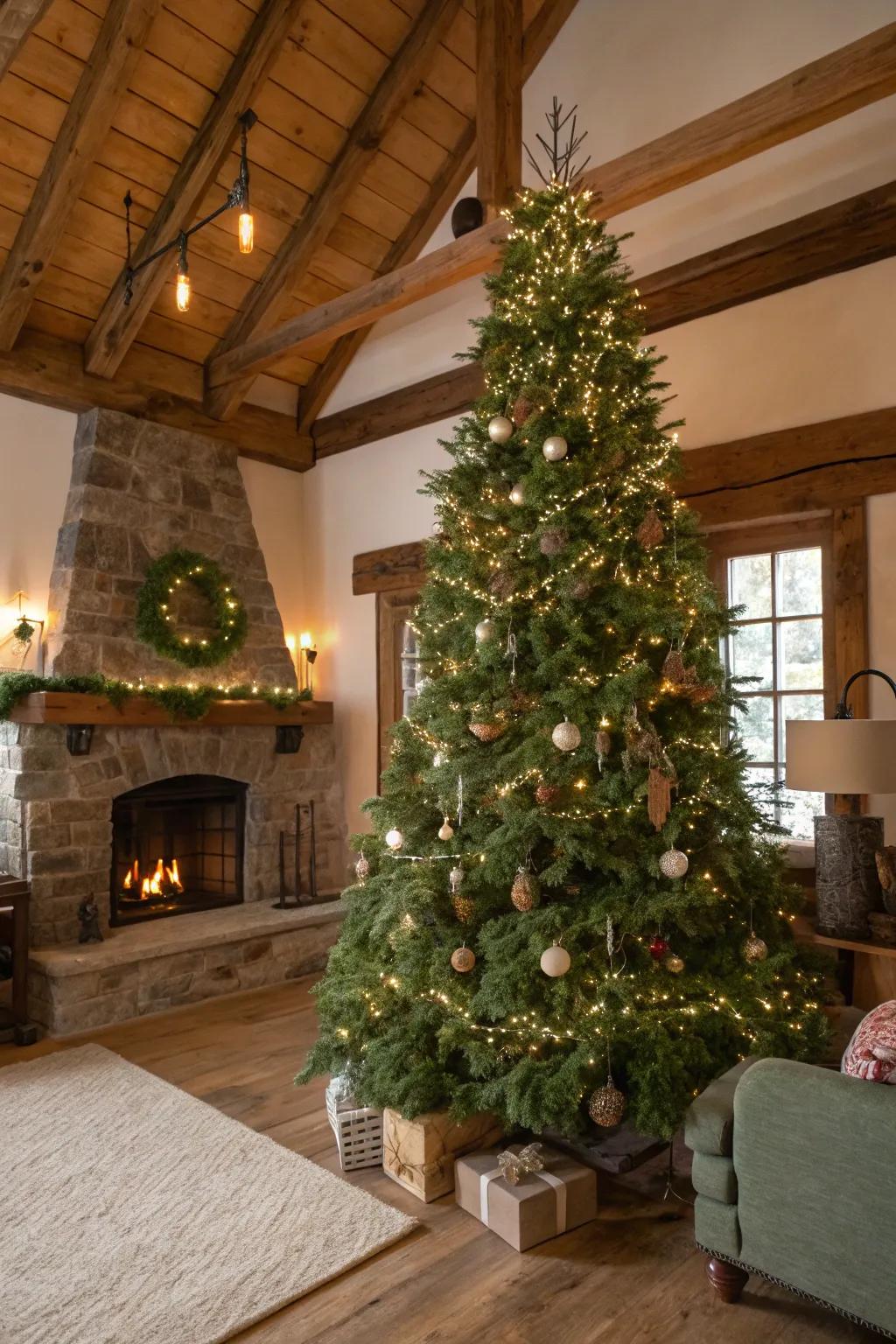 Greenery wreaths add texture and complexity to this farmhouse Christmas tree.