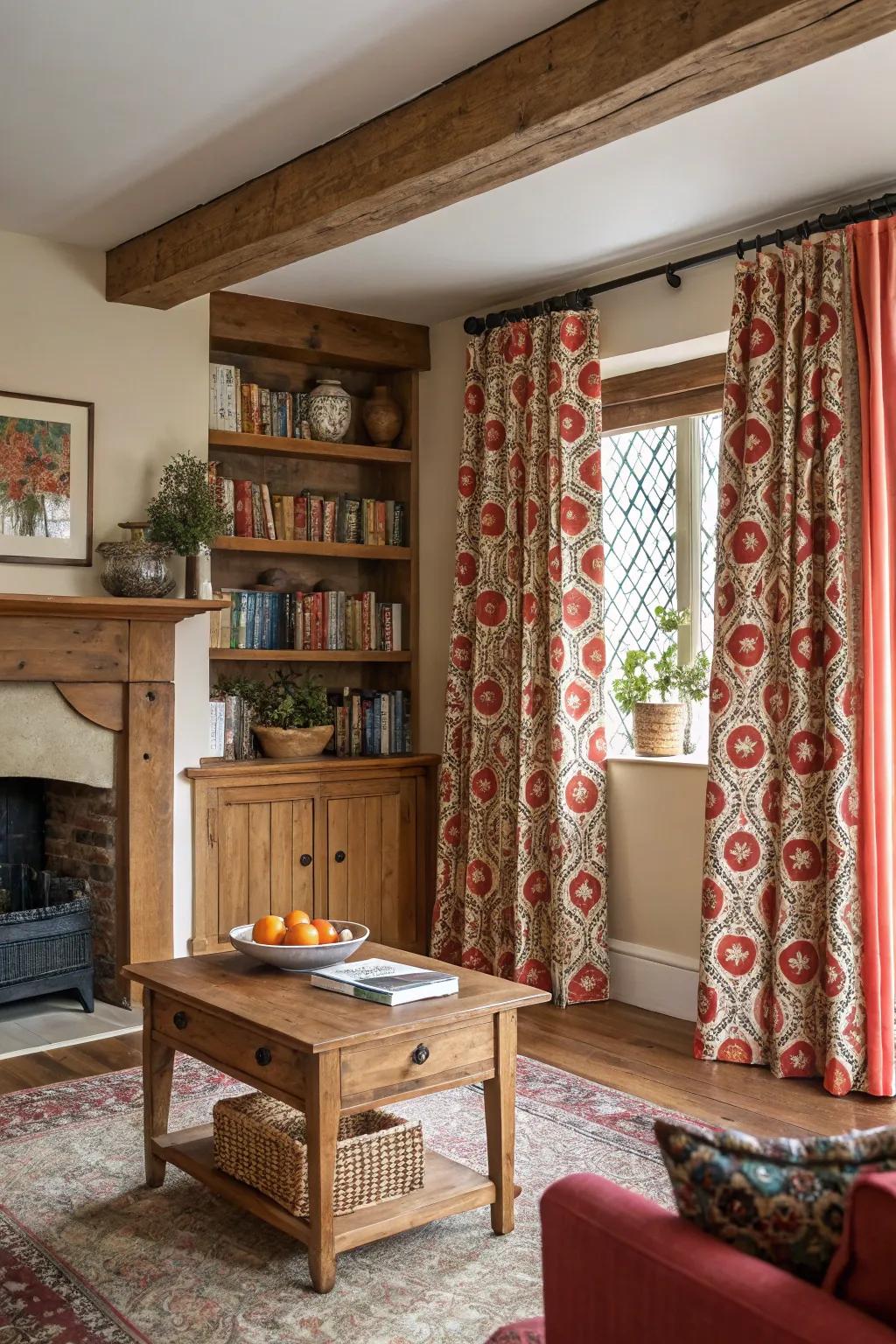 Bold patterned drapes adding a splash of color to a lively farmhouse living room.