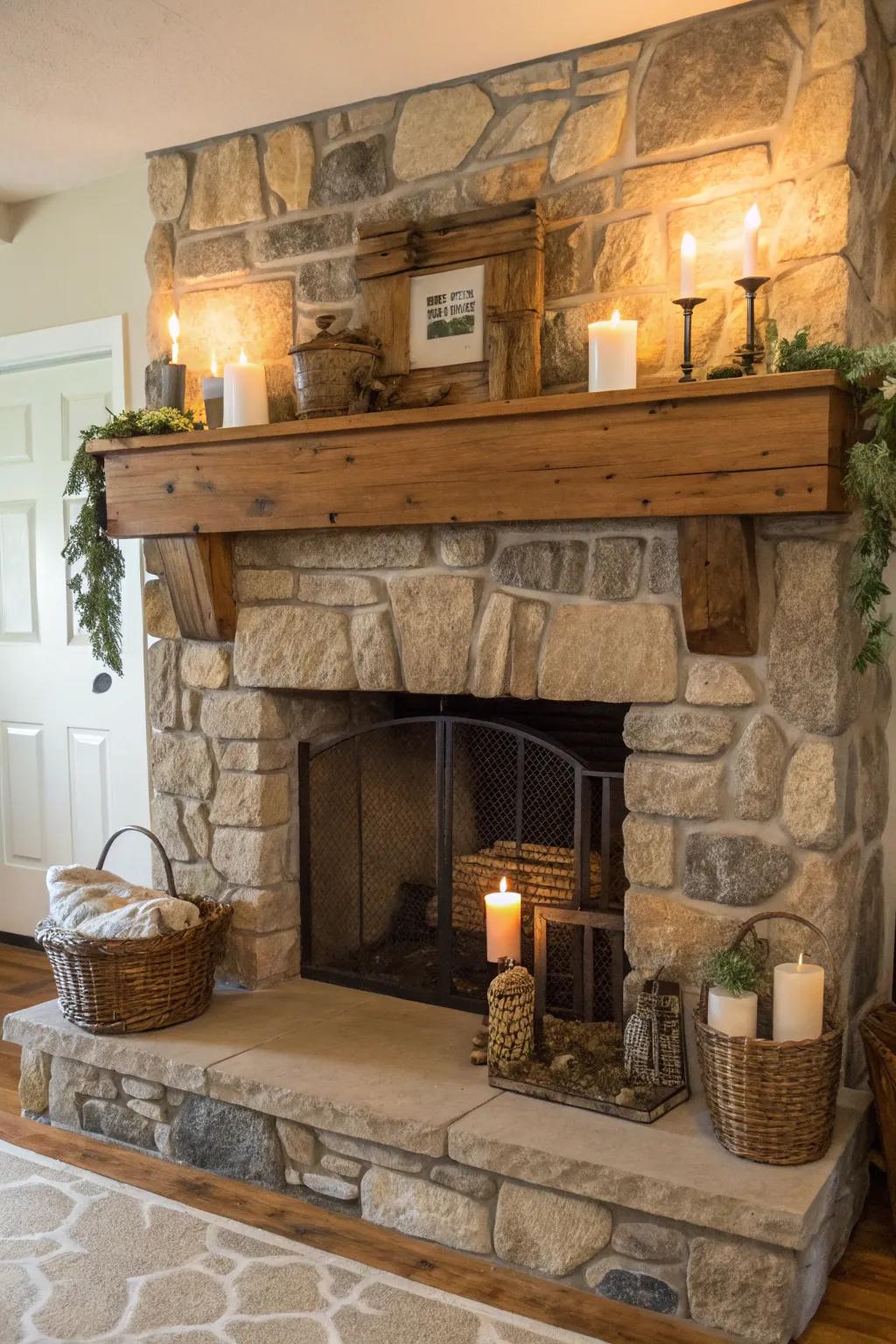 A rustic wood mantel complementing a farmhouse fireplace.