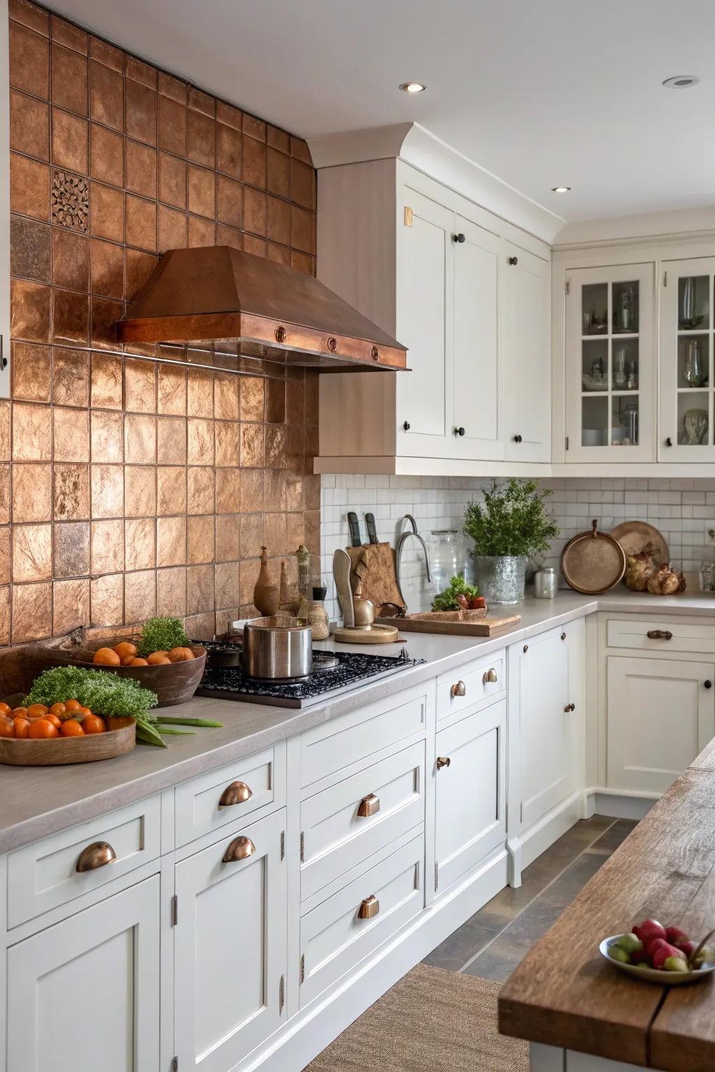 A bronze backsplash presents coziness and contrast in this farmhouse kitchen.