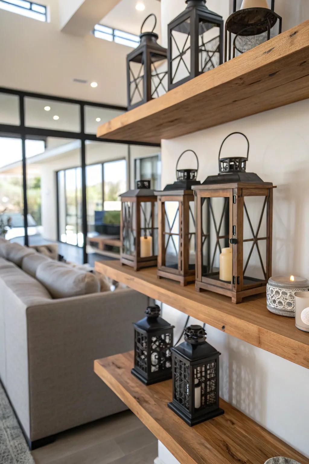Hovering shelves deliver a creative arrangement option.