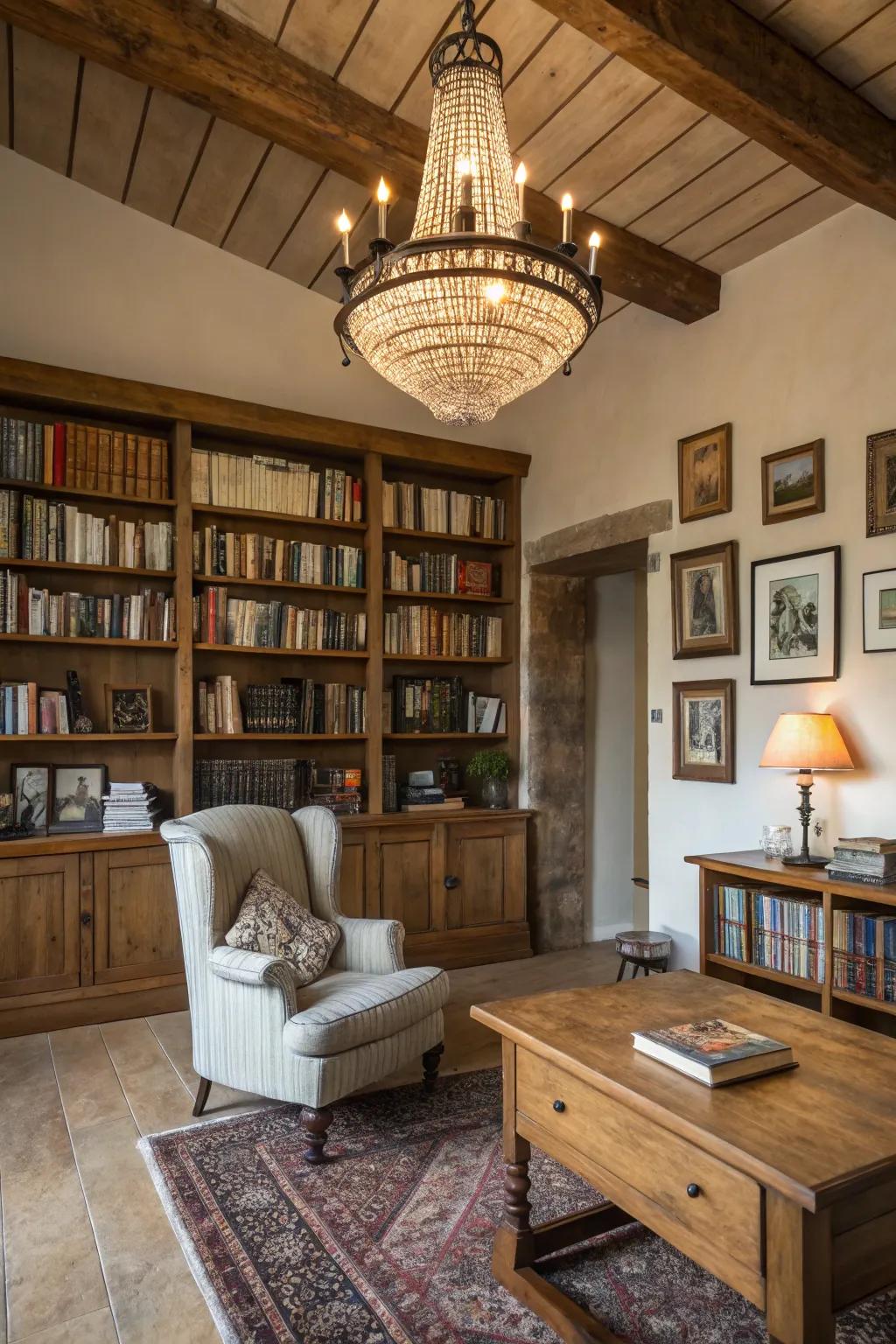 A statement chandelier incorporates elegance and becomes a main feature.