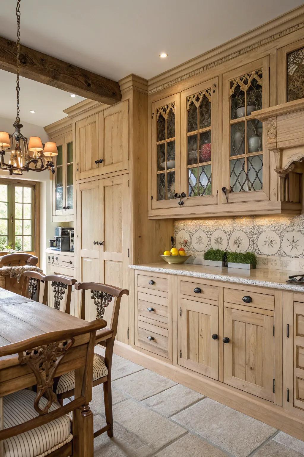Craftsmanship nuances inject character into pale timber cabinetry in a country-style cooking space.