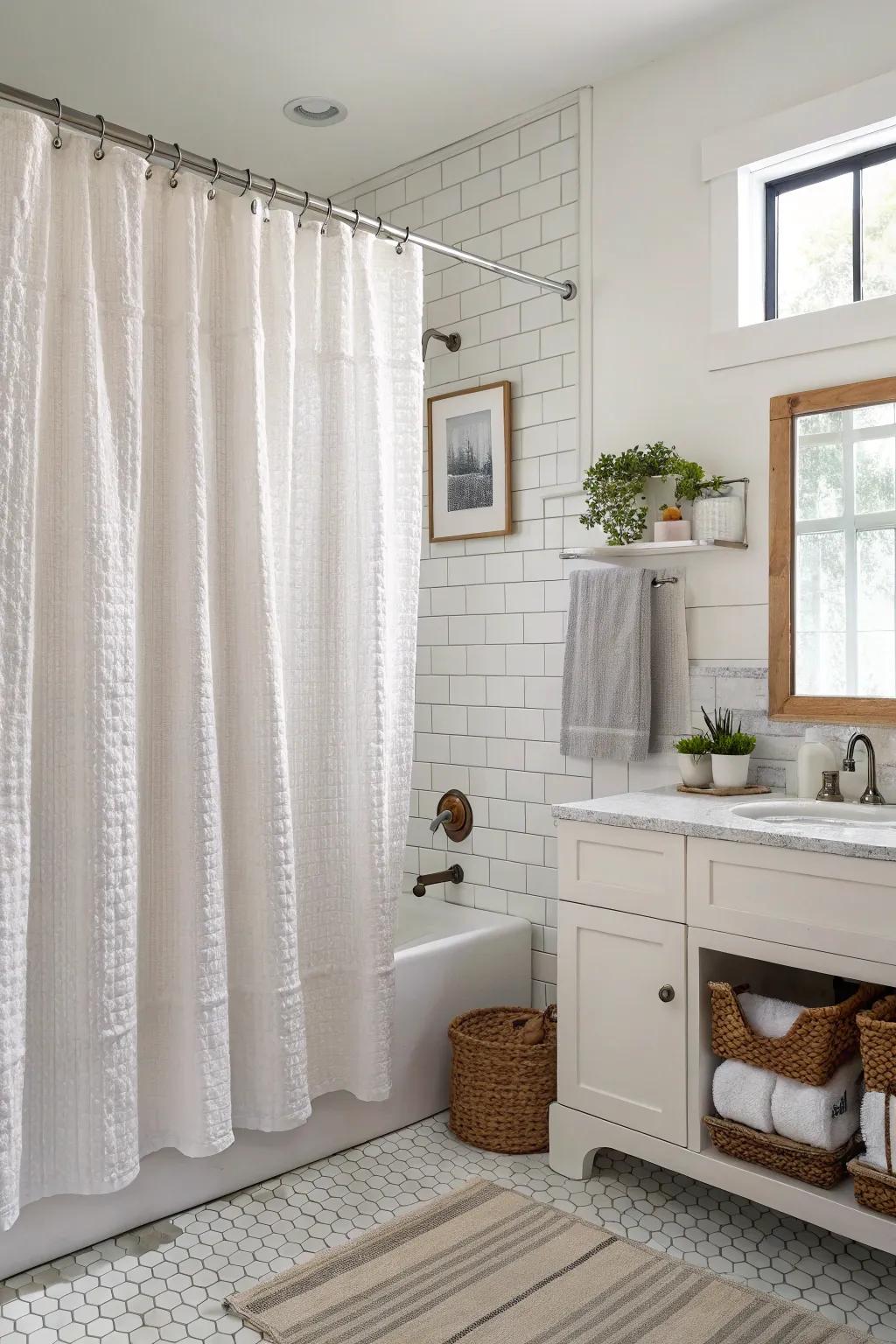 A bright bathroom with a seersucker material shower drape, perfect for summer.