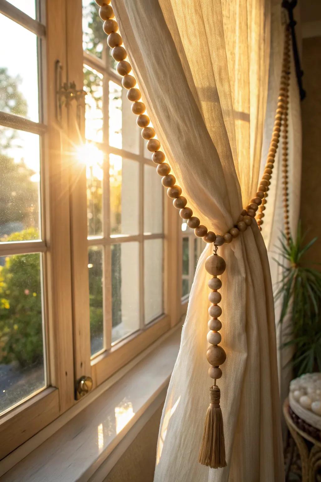 Curtain elegantly tied back with timber-sphere strand.