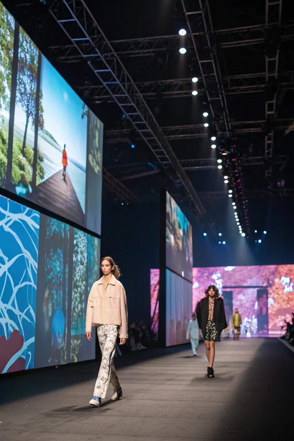 Video panels and projections craft a visually engaging fashion show experience.