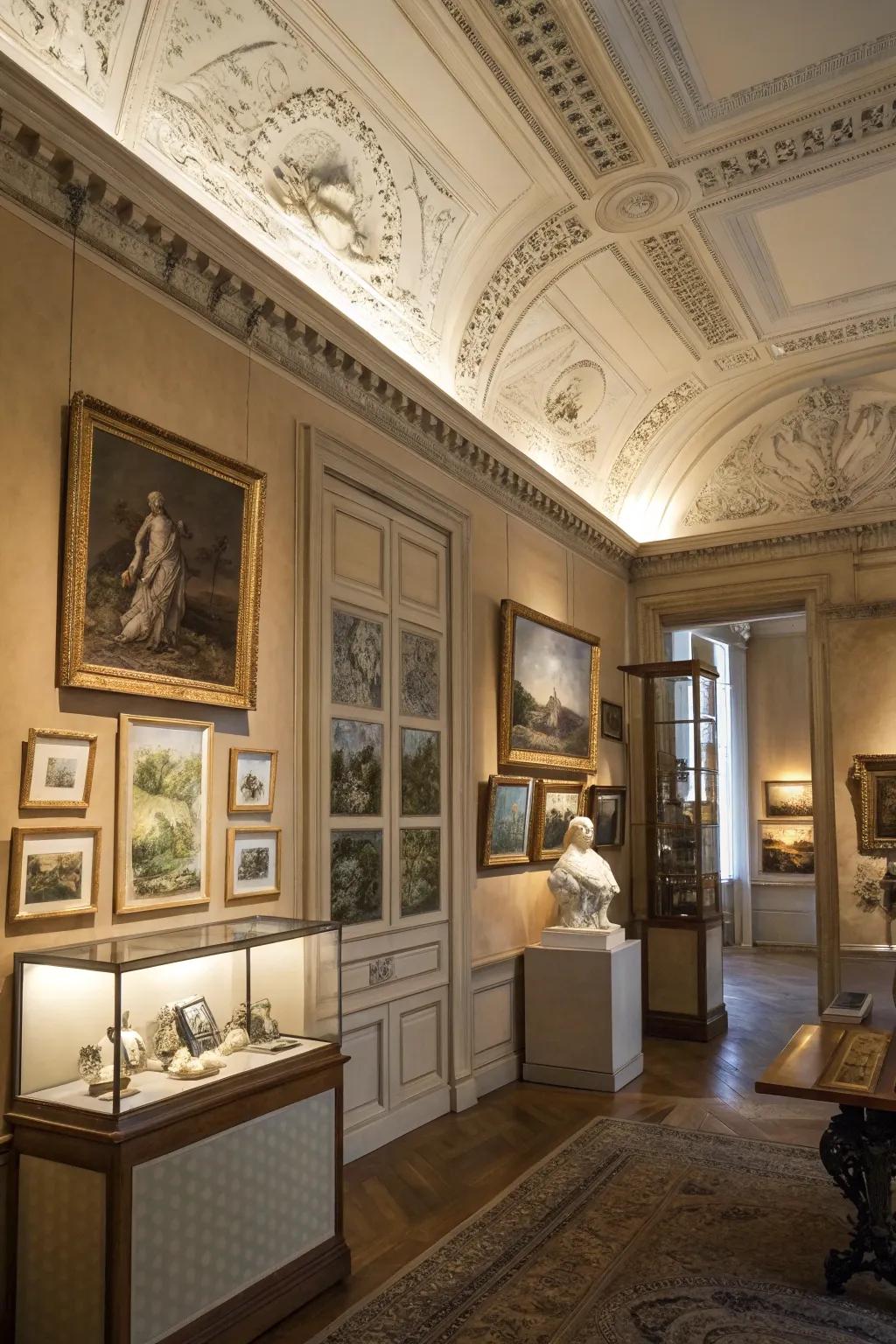 Gallery-like display with art framed by faux molding.