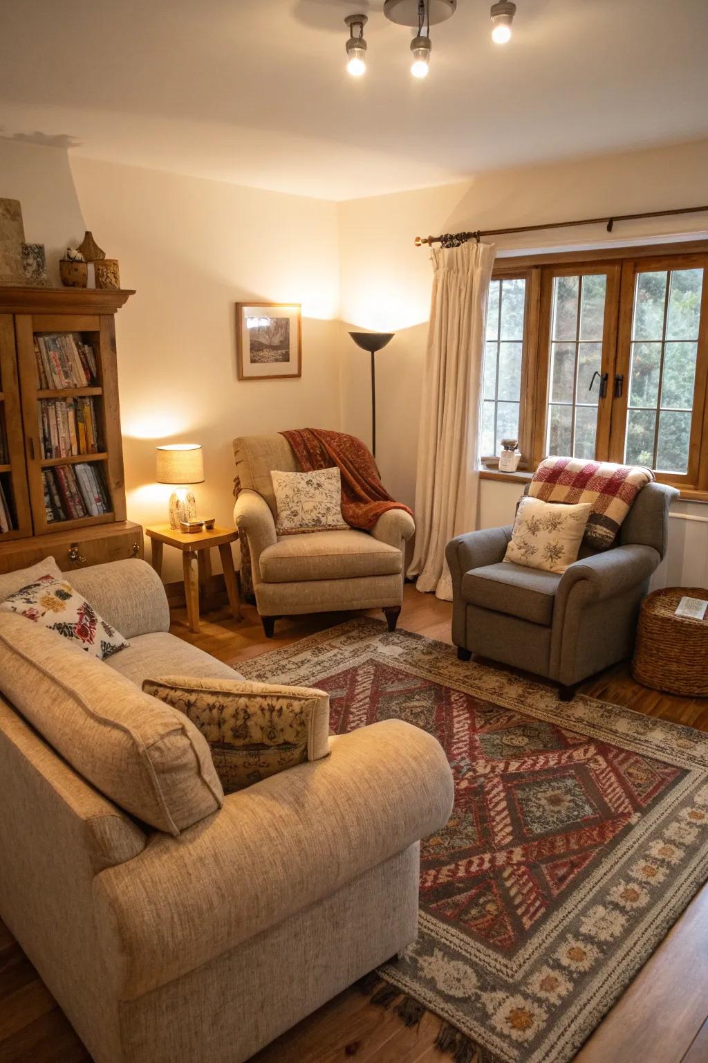 An inviting living space featuring an array of snug seating zones.