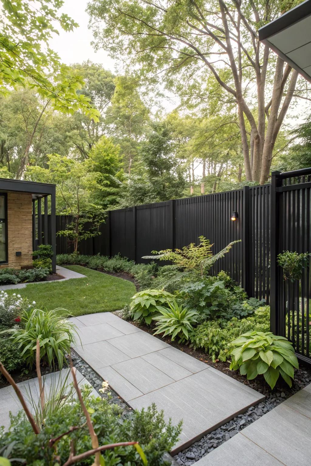 Audacious ebony fencing engenders a striking contrast against verdure.