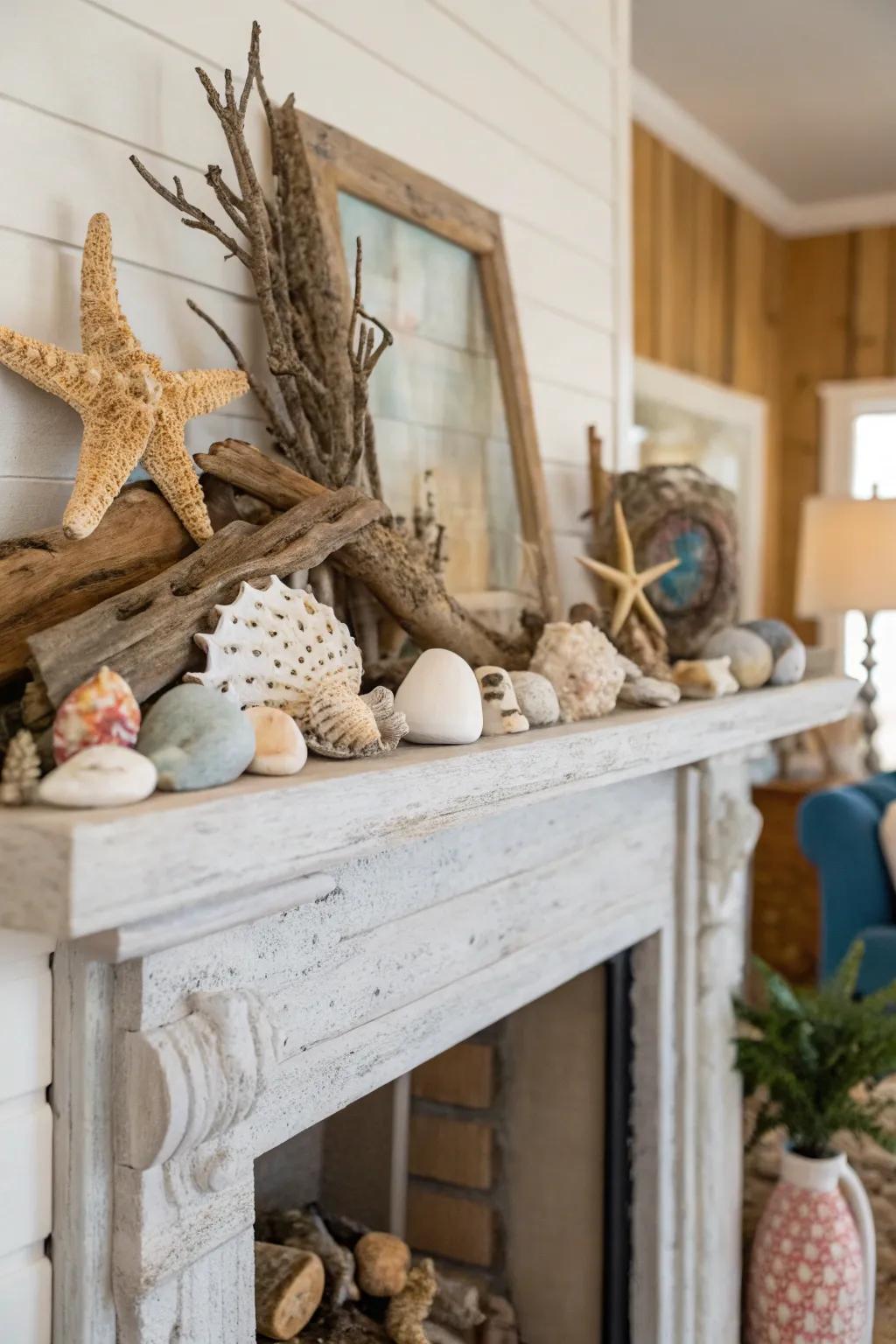 Coastal vibes with driftwood accents.