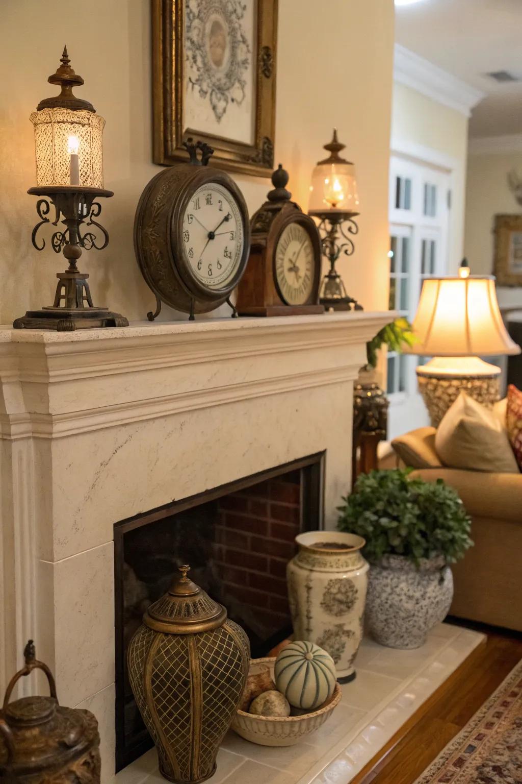 A mantel with vintage finds that brings a sense of history.
