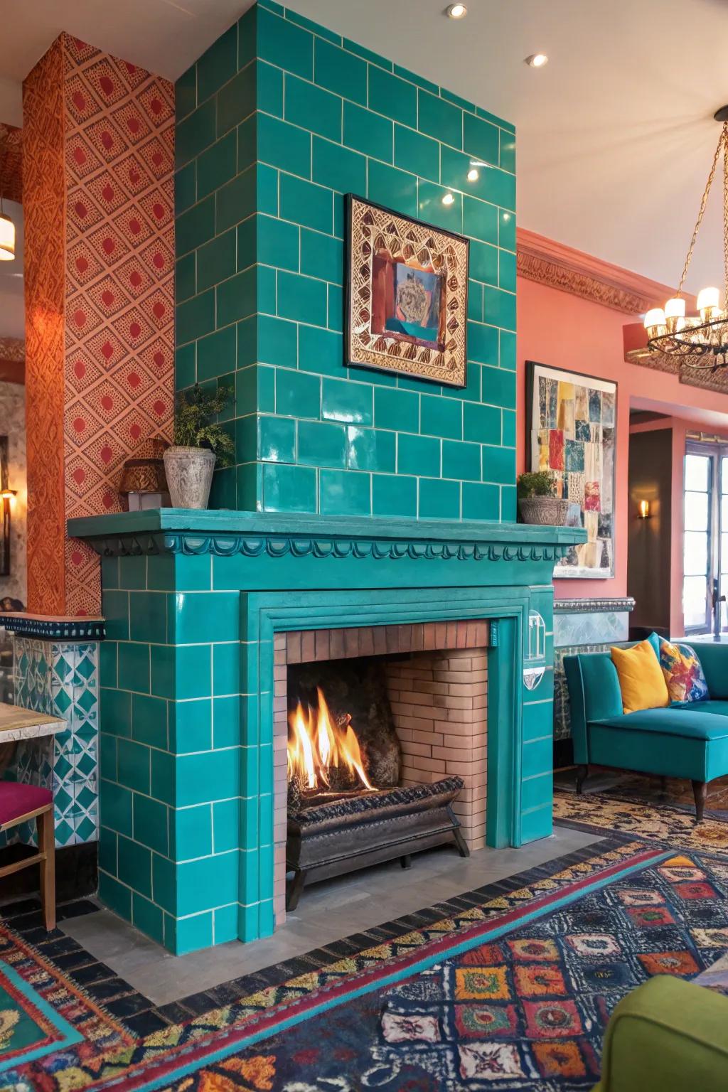 Bold teal cladding makes a vibrant statement on this fireplace.