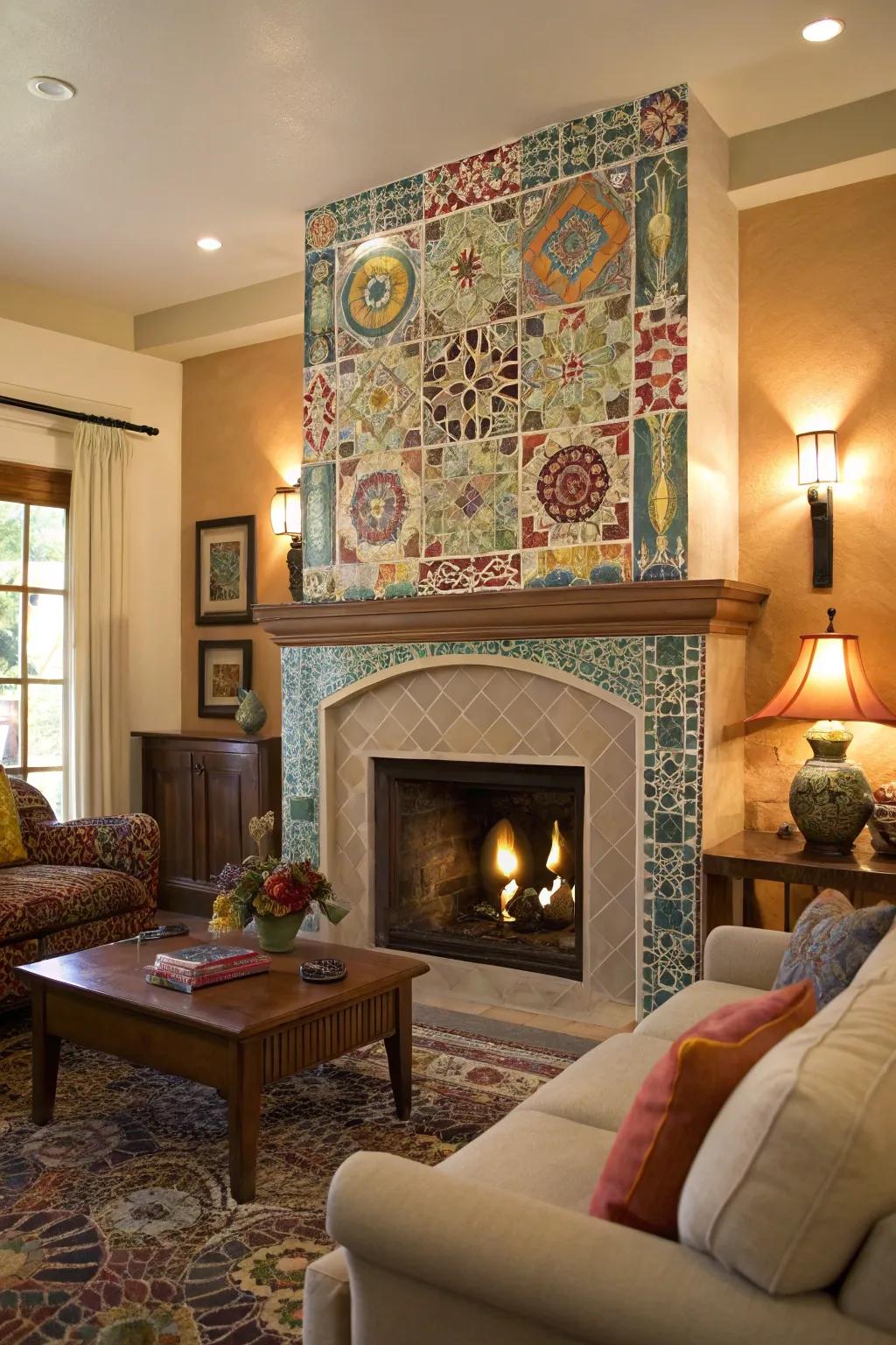 A varied floor tile mosaic gives vibrancy for the fireplace design.