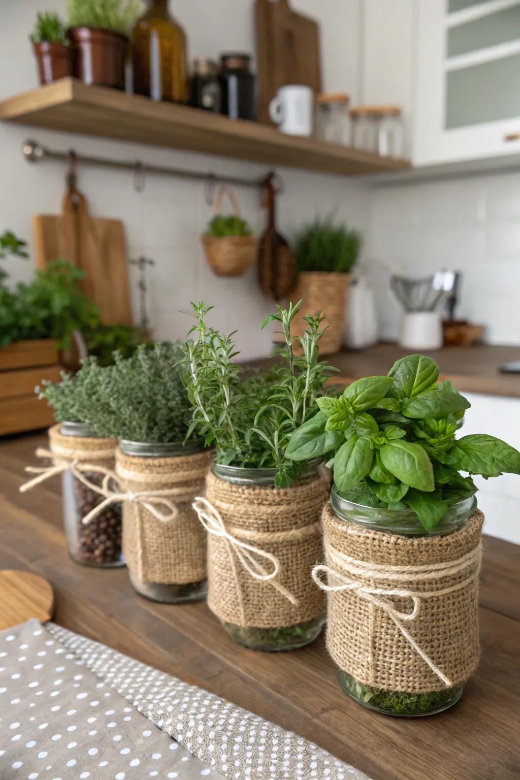 Rough fabric and twine add warmth and texture to decor.