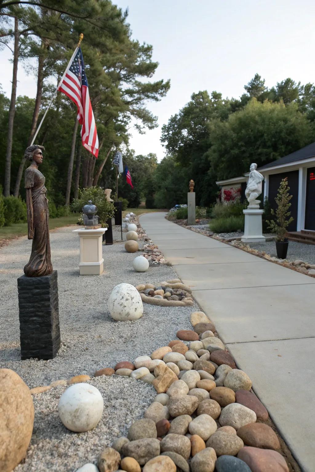 An artistic touch to a rear lot access road with sculptures and ornamental stones.