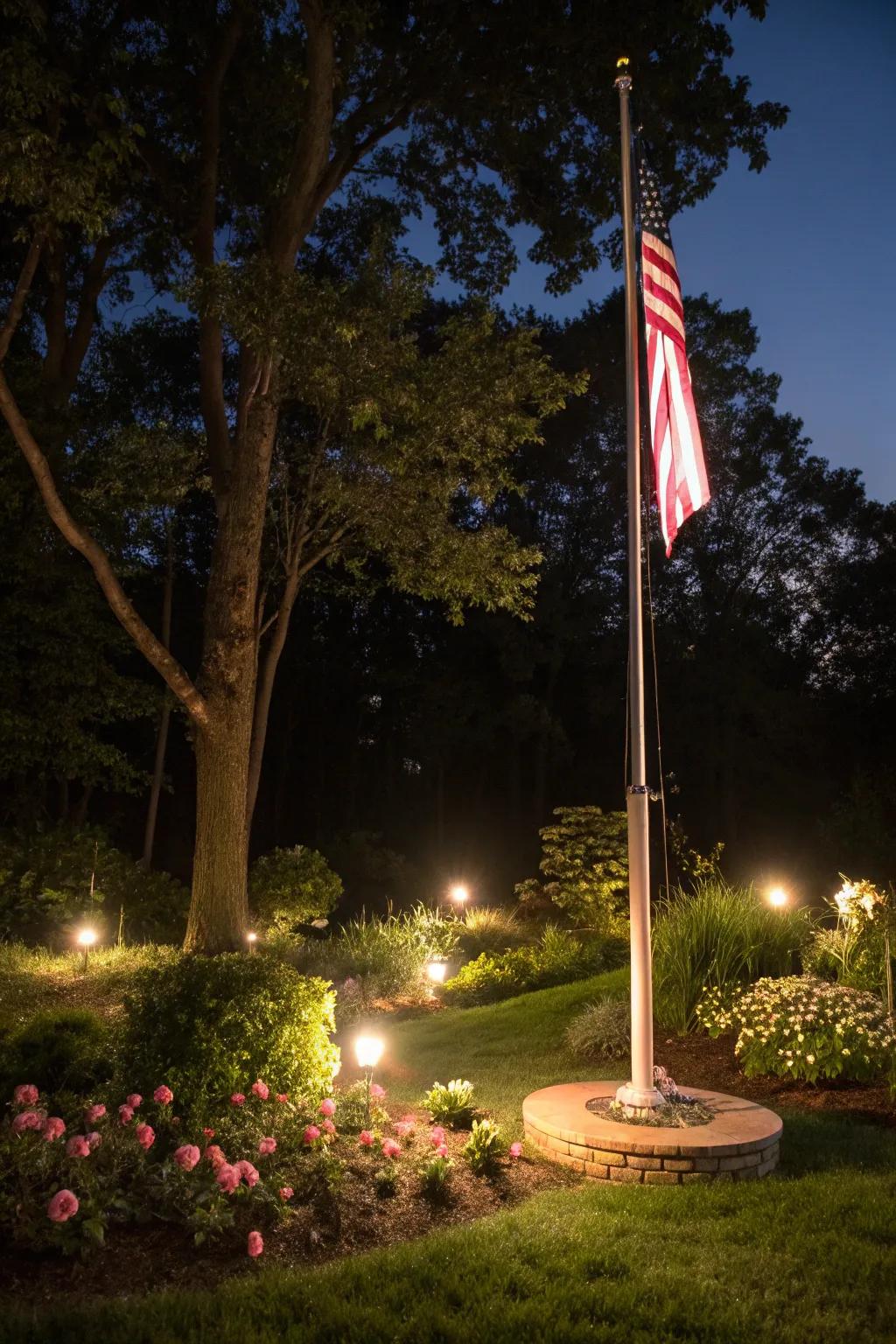 Illumination accentuates your flagpole exquisitely during nighttime.