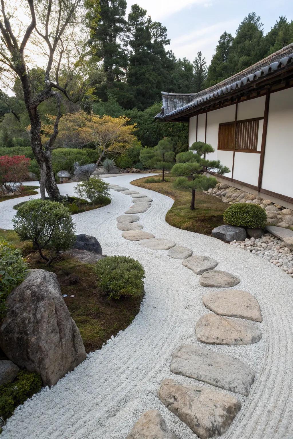 A tranquil slate path inspired by the simplicity of Zen gardens.