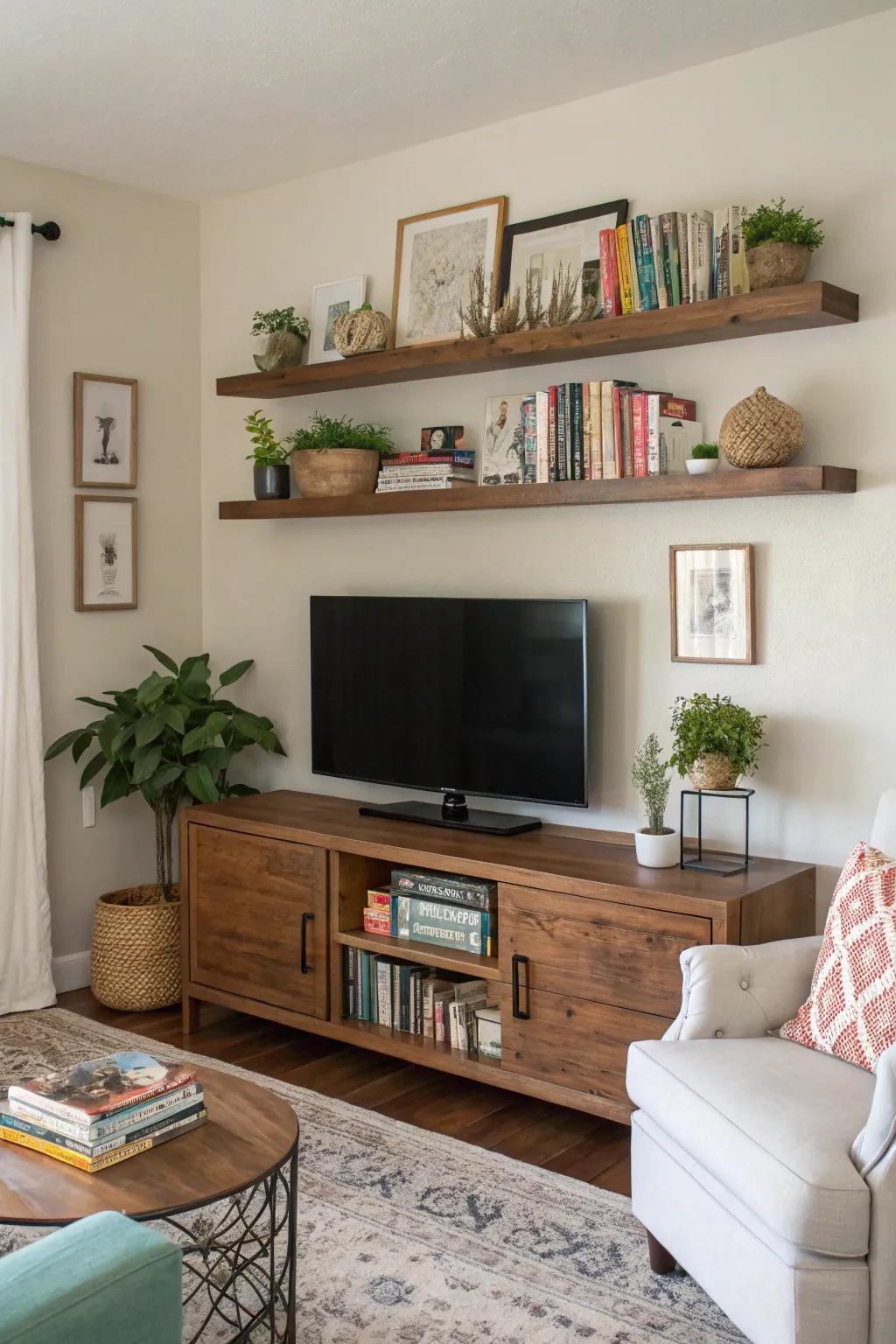 Decorative ledges over the TV ensure an equilibrium appearance.