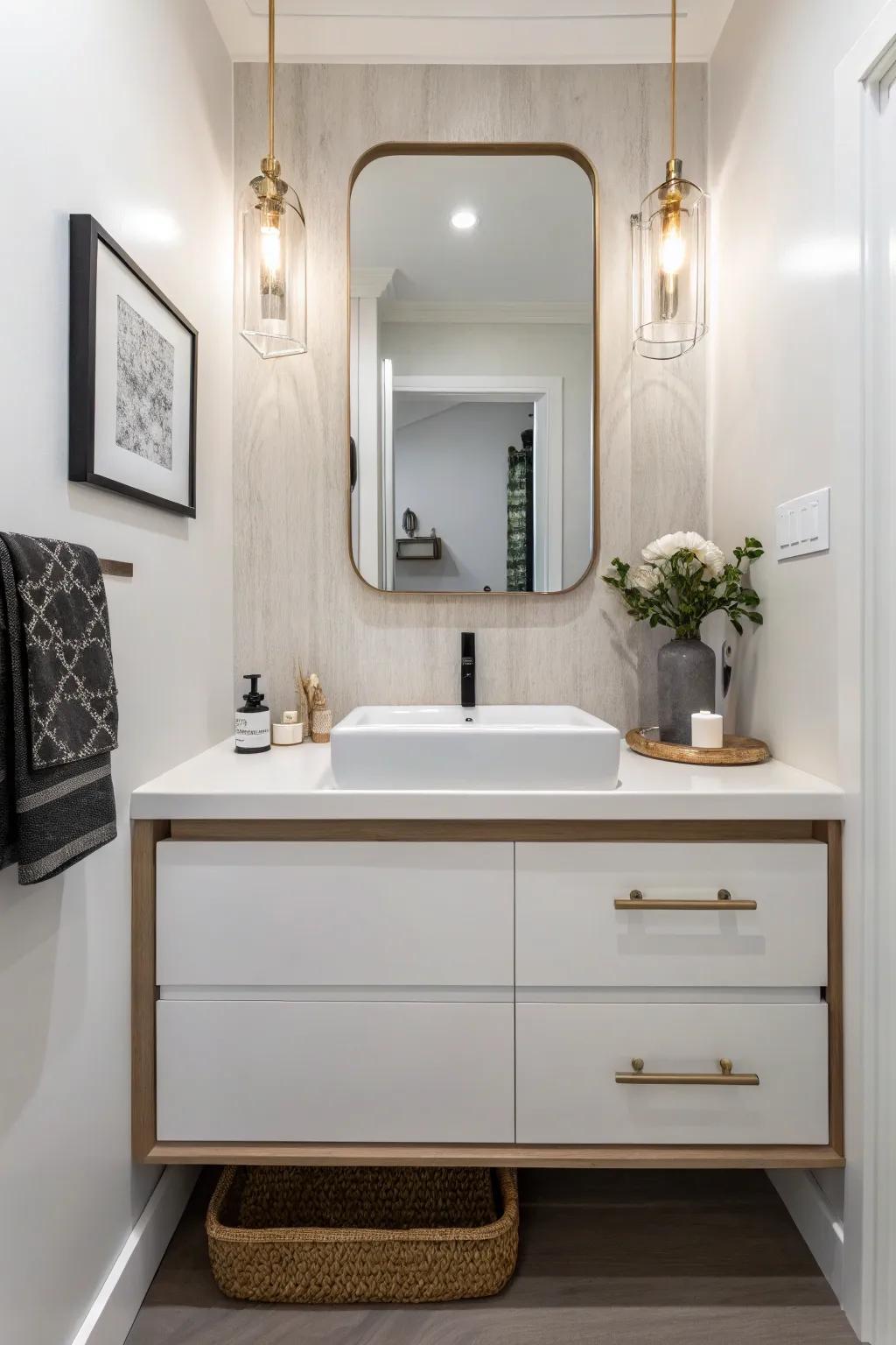 A compact powder room presenting a stylish floating vanity.