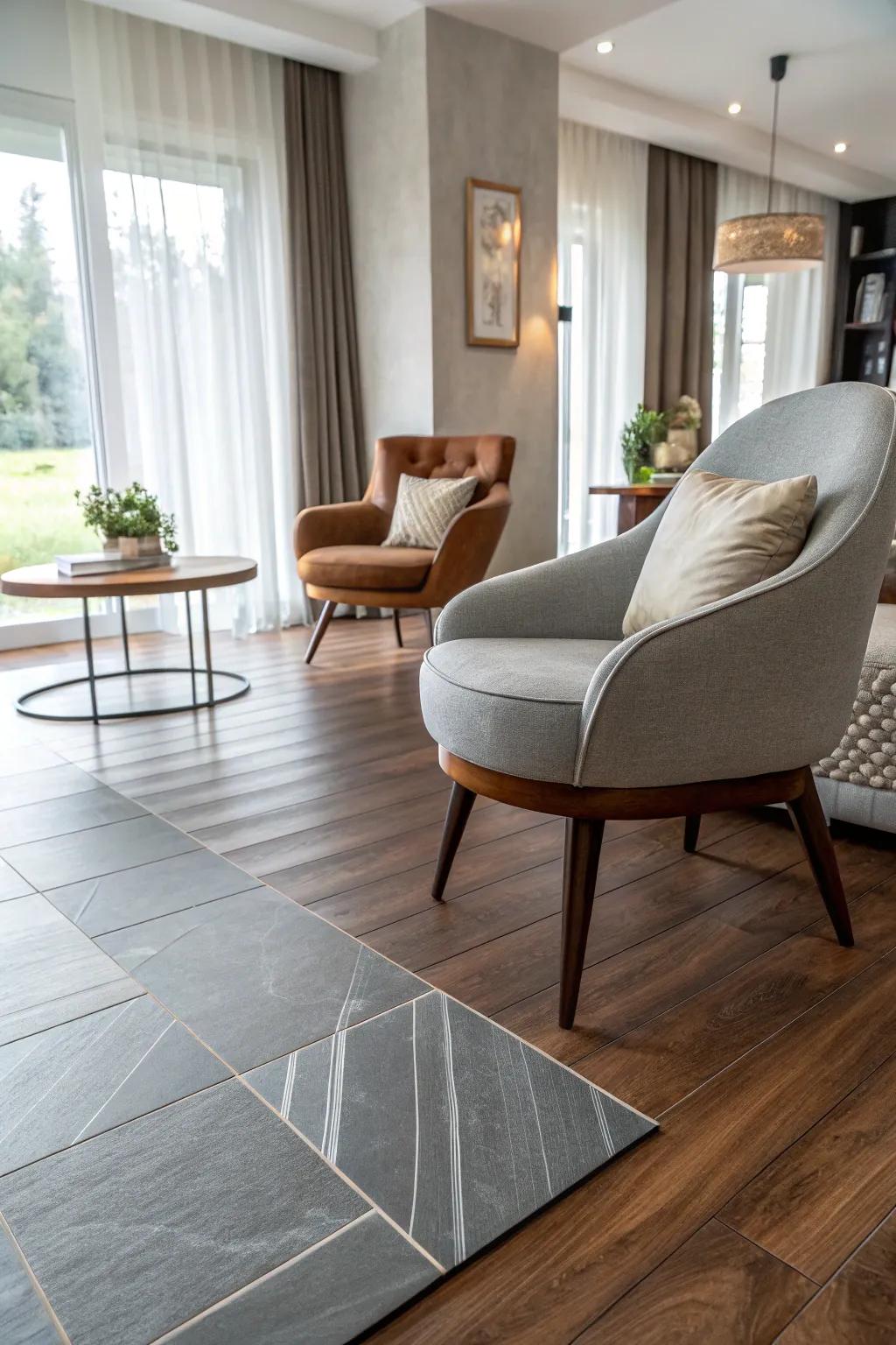 Furniture strategically bridges the floor transition.