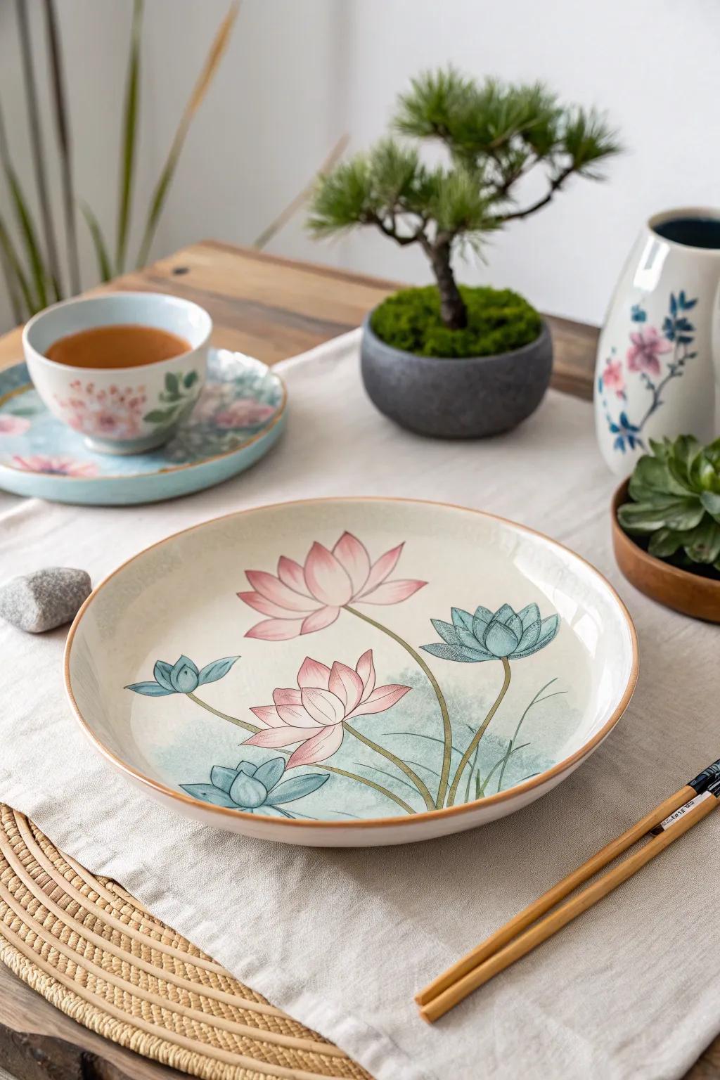 Mystical pond lilies contribute tranquility and refinement to your tableware.