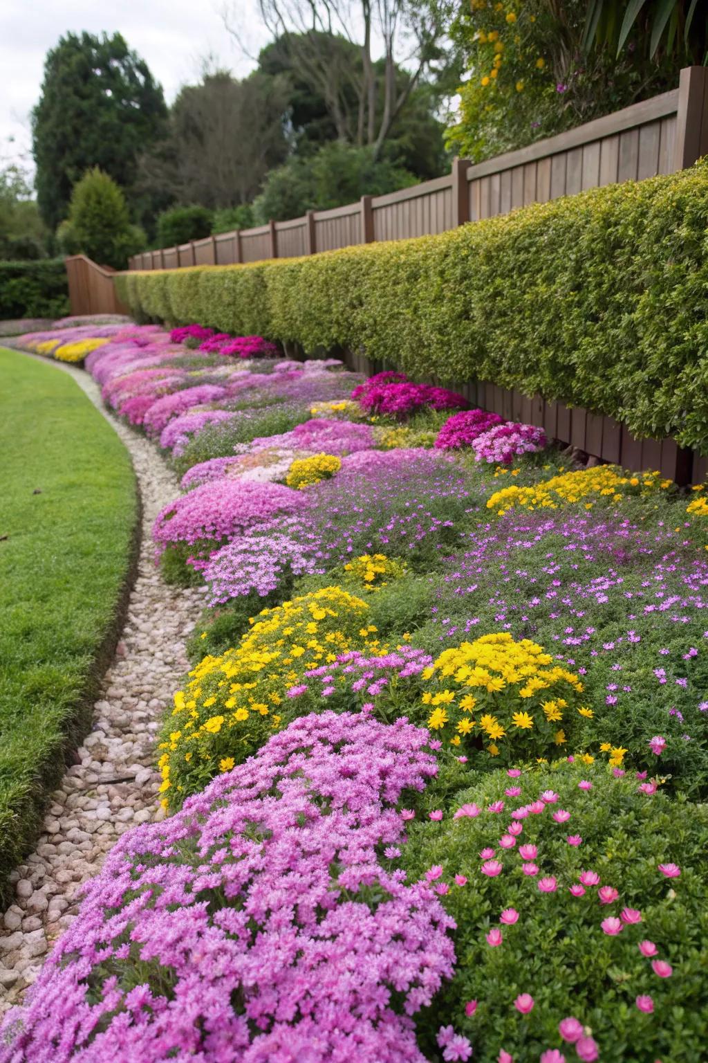 Blossoming groundcovers fashion a colorful carpet in the garden.