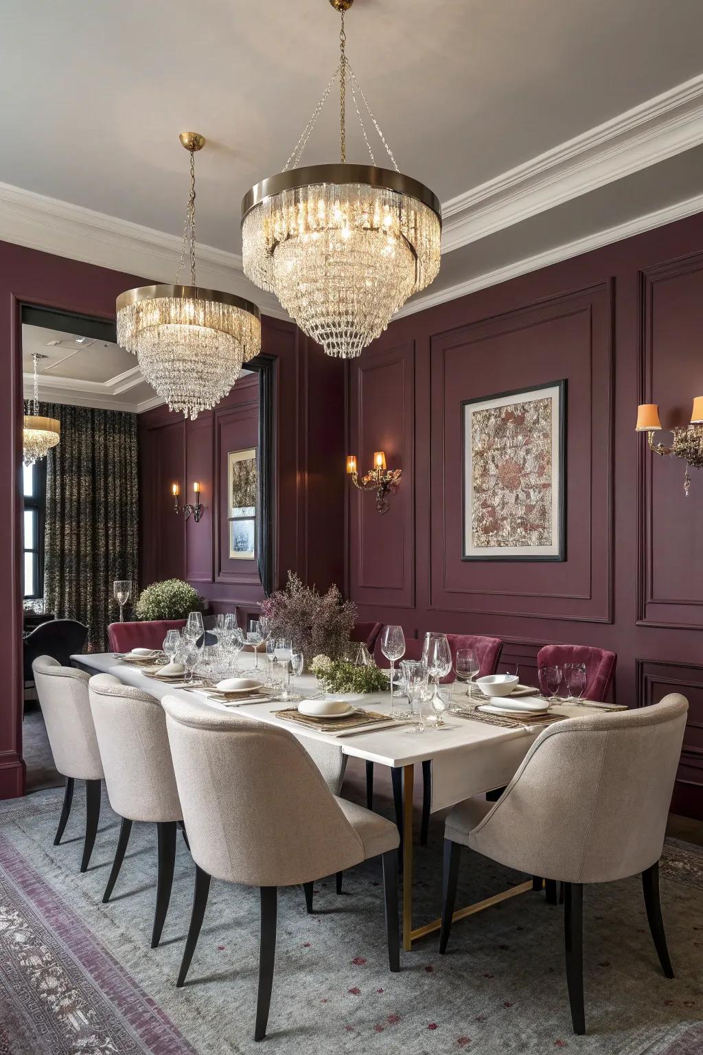 An intense wall color brings depth and closeness to the dining space.