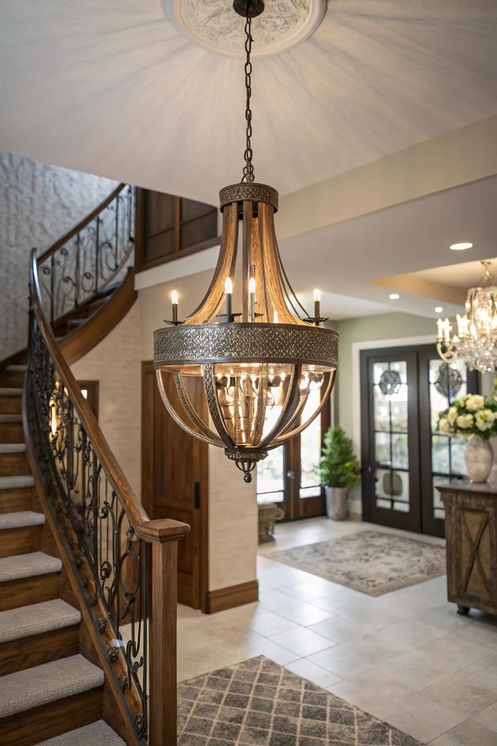A mixed-material chandelier bridges styles in this transitional entrance hall.