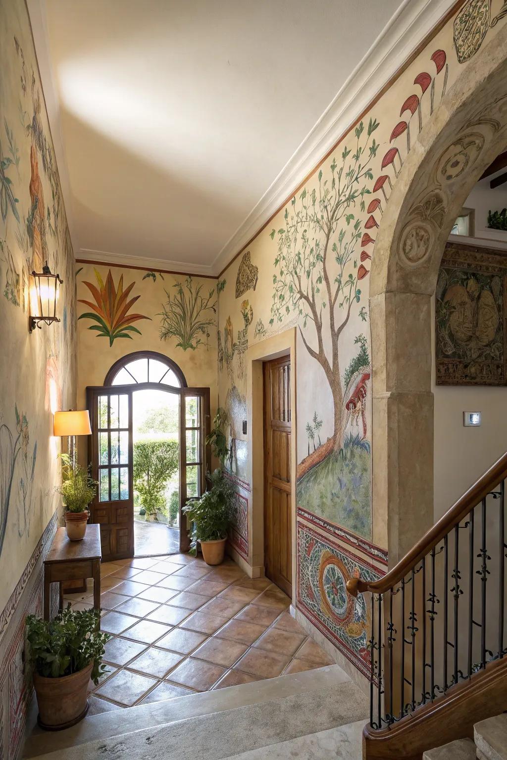A mural has the power to transform a foyer into a showpiece.