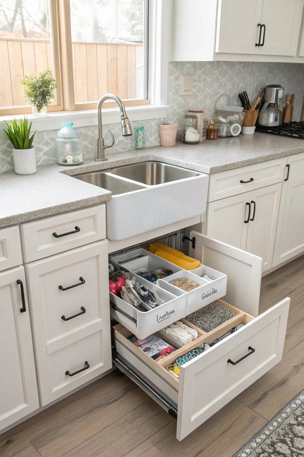 An organized kitchen featuring a freestanding sink and clever storage solutions.