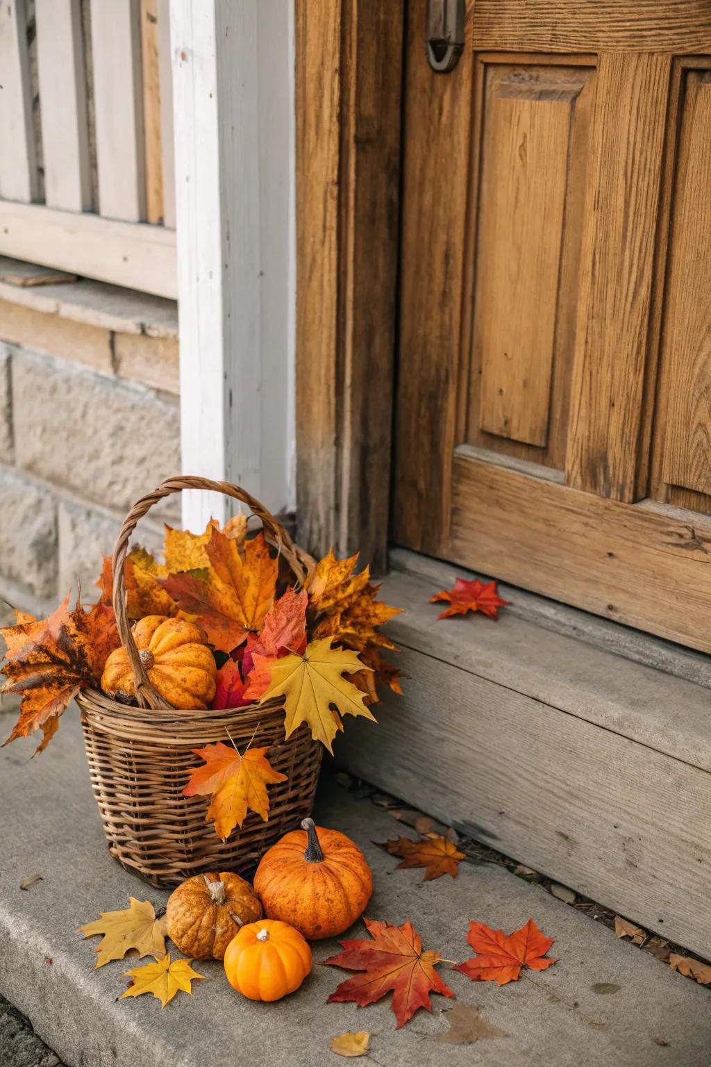 Autumnal foliage and gourds create a warm, seasonal welcome.