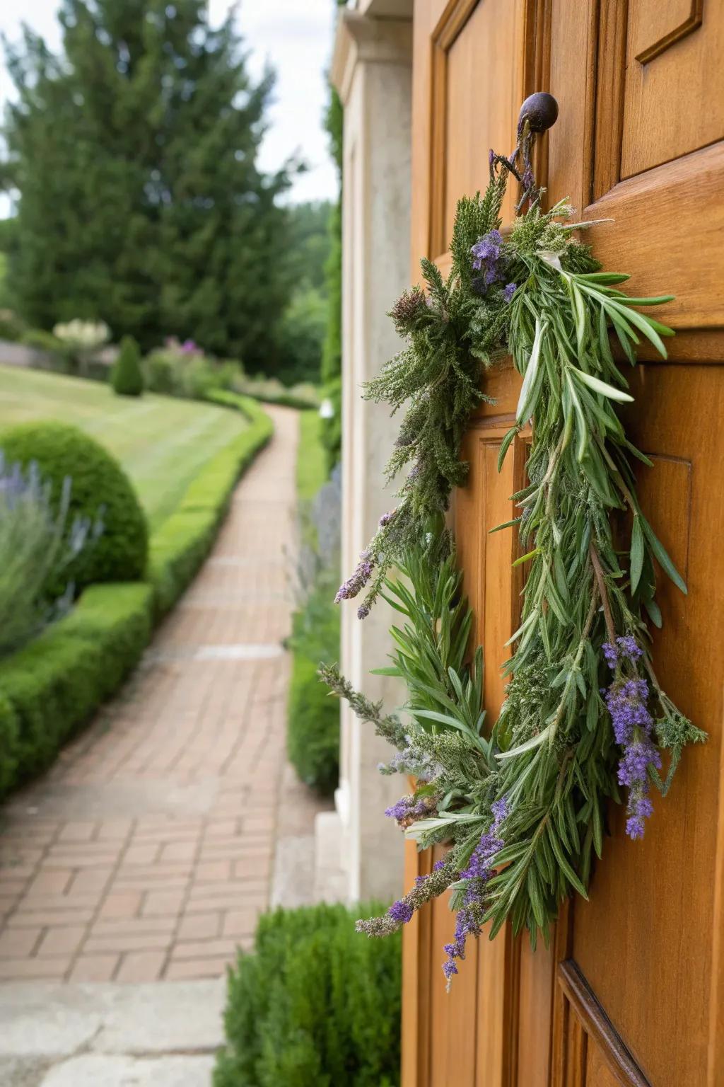 With an herb-infused garland, create a fragrant greeting.