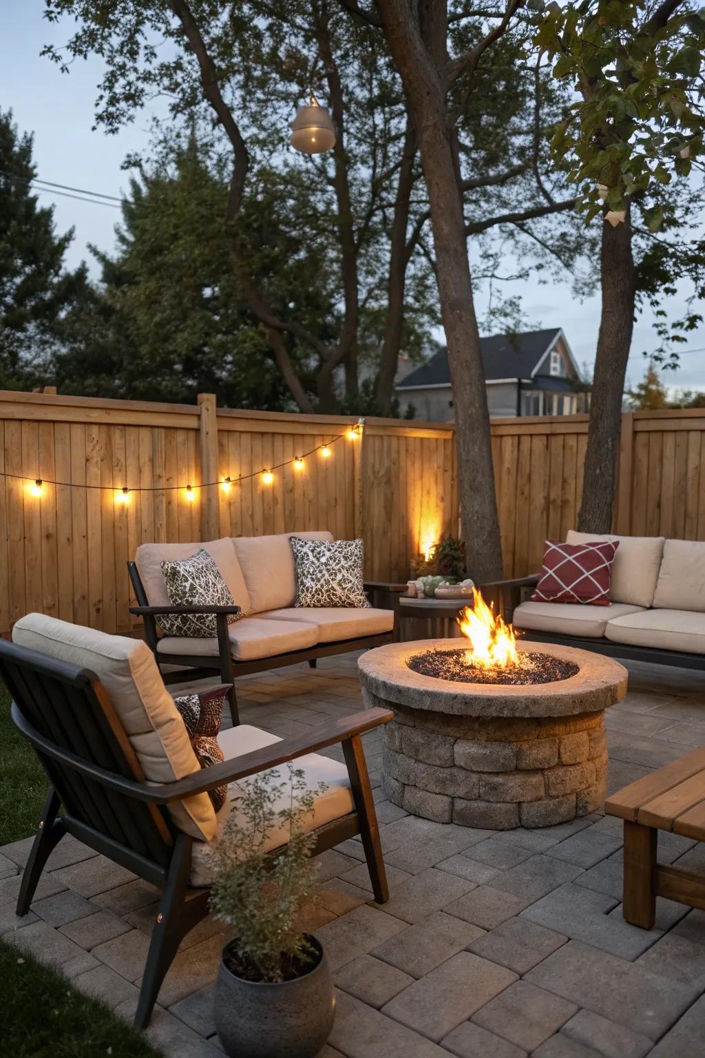Outdoor fireplaces establish a point of focus for warmth and social events.