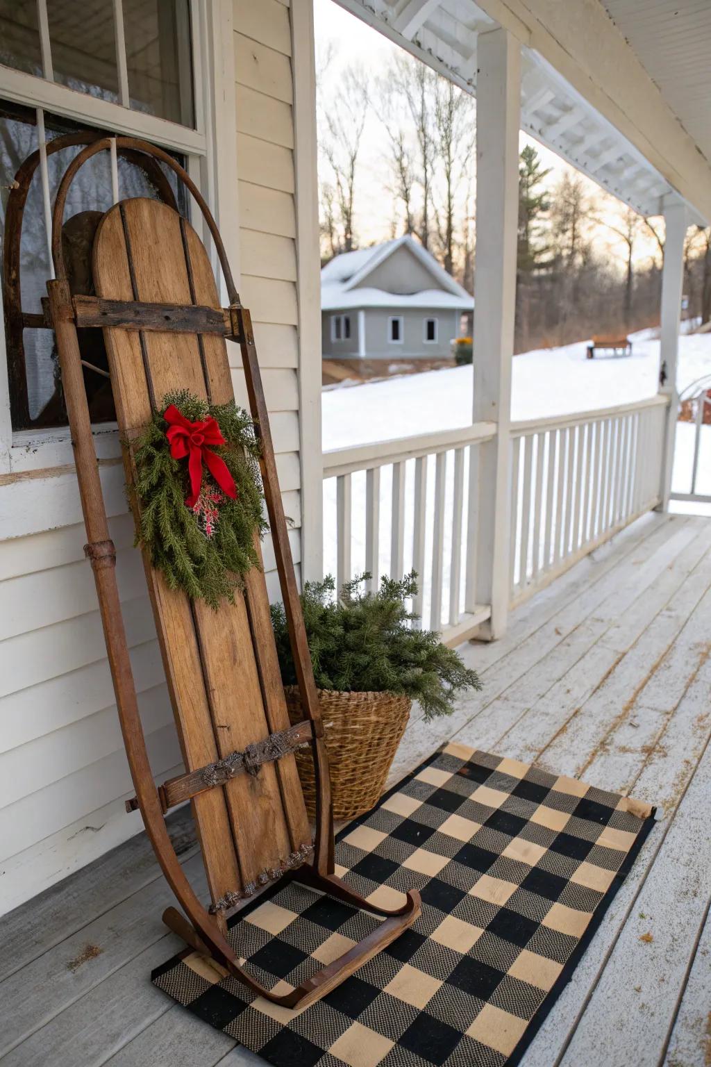 A vintage sleigh infuses nostalgic charm into your porch aesthetic.