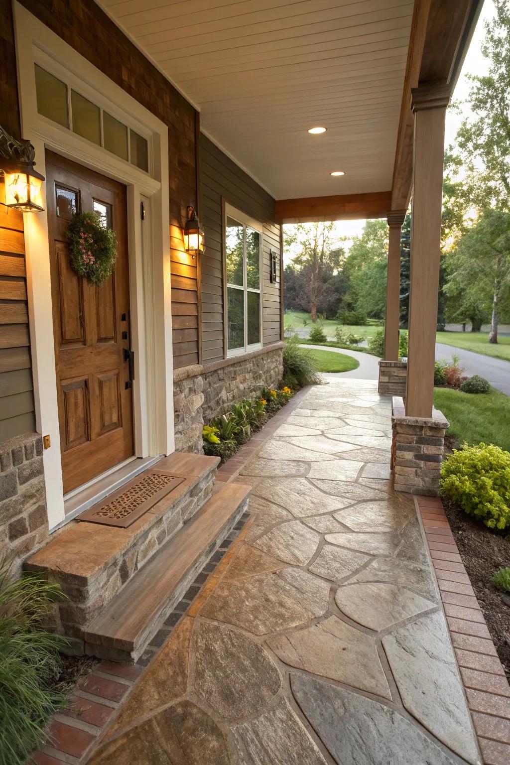 Stamped concrete offers creative design possibilities for porch flooring.